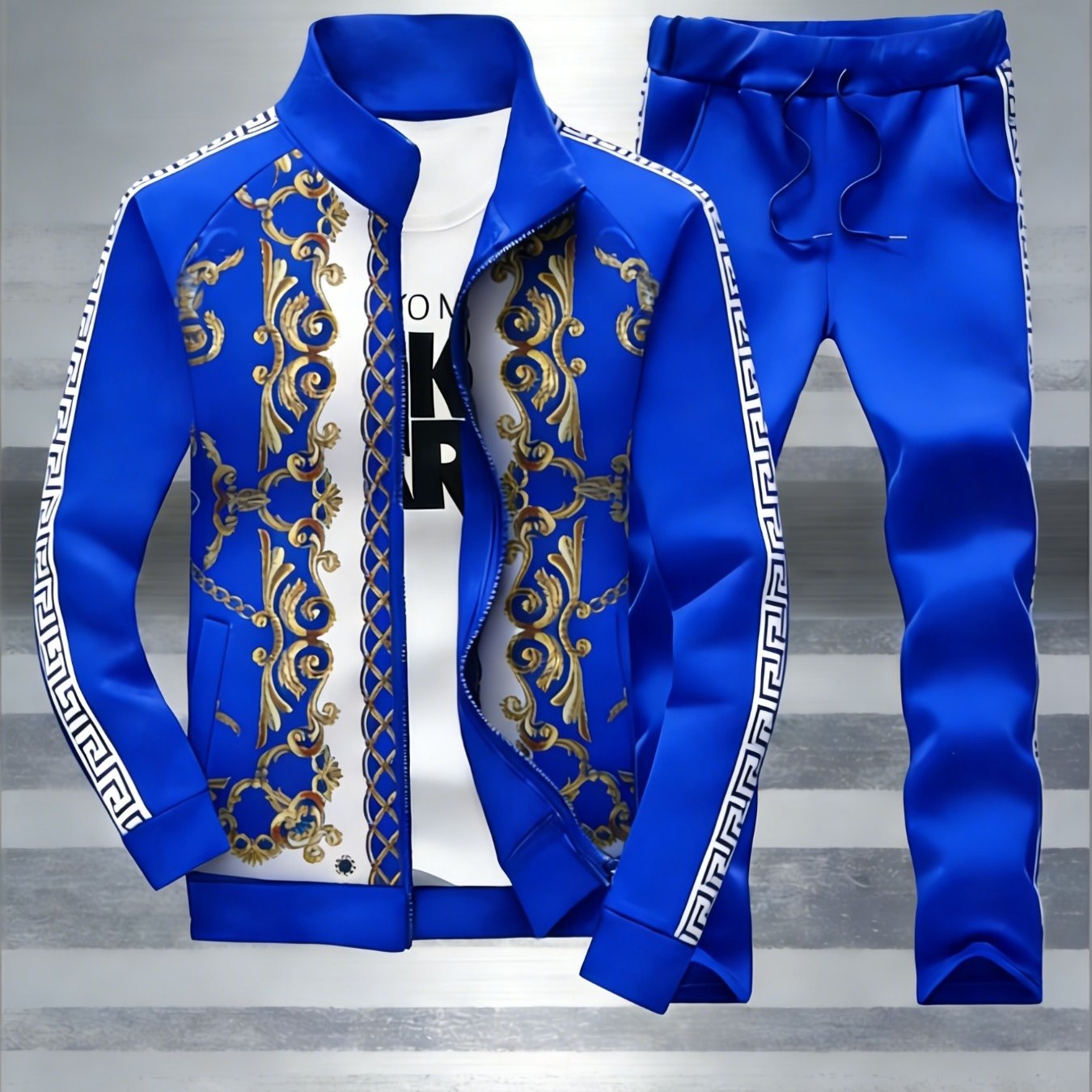 2pcs Baroque Print Zip-up Sports Jacket And Jogger Pants Set- With Golden Floral Pattern, Style, Unisex Sportswear, Perfect Gift For Any Occasion., Perfect For Outdoor, For Teenager