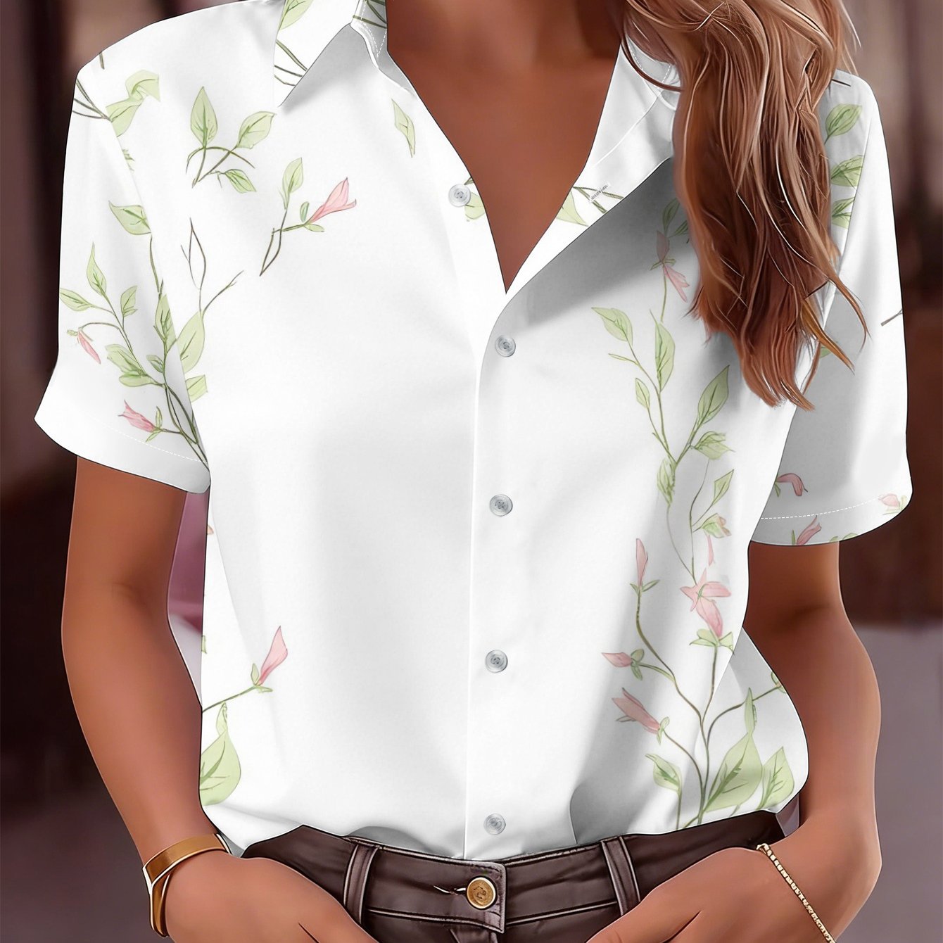 TEMU 2026 New Women's Short Sleeve Shirt, Fresh Hand-drawn Floral Vine Print Top, Easy Elegant Daily Casual Versatile Blouse, Machine Washable