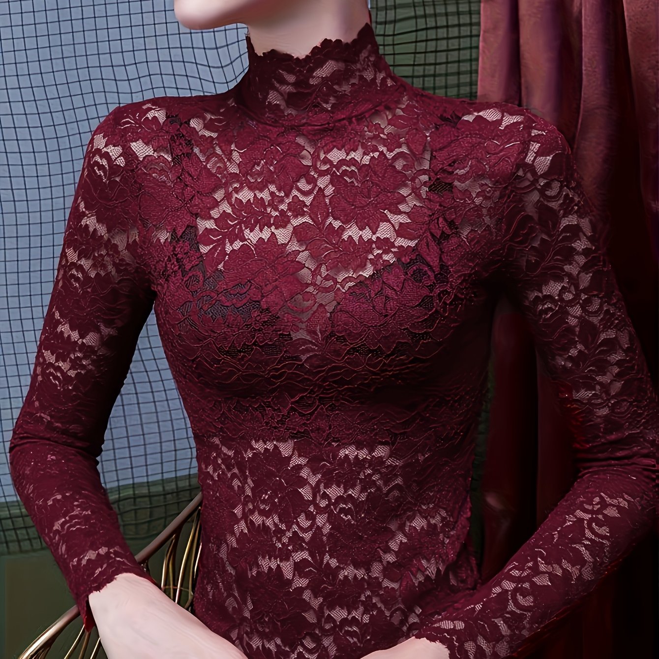 TEMU Plus Size, Plus Size Mock Neck Lace Base Layer Top For Women, New Autumn/winter Slim Fit Long Sleeve Inner Wear, Elegant And Sexy Lace Blouse