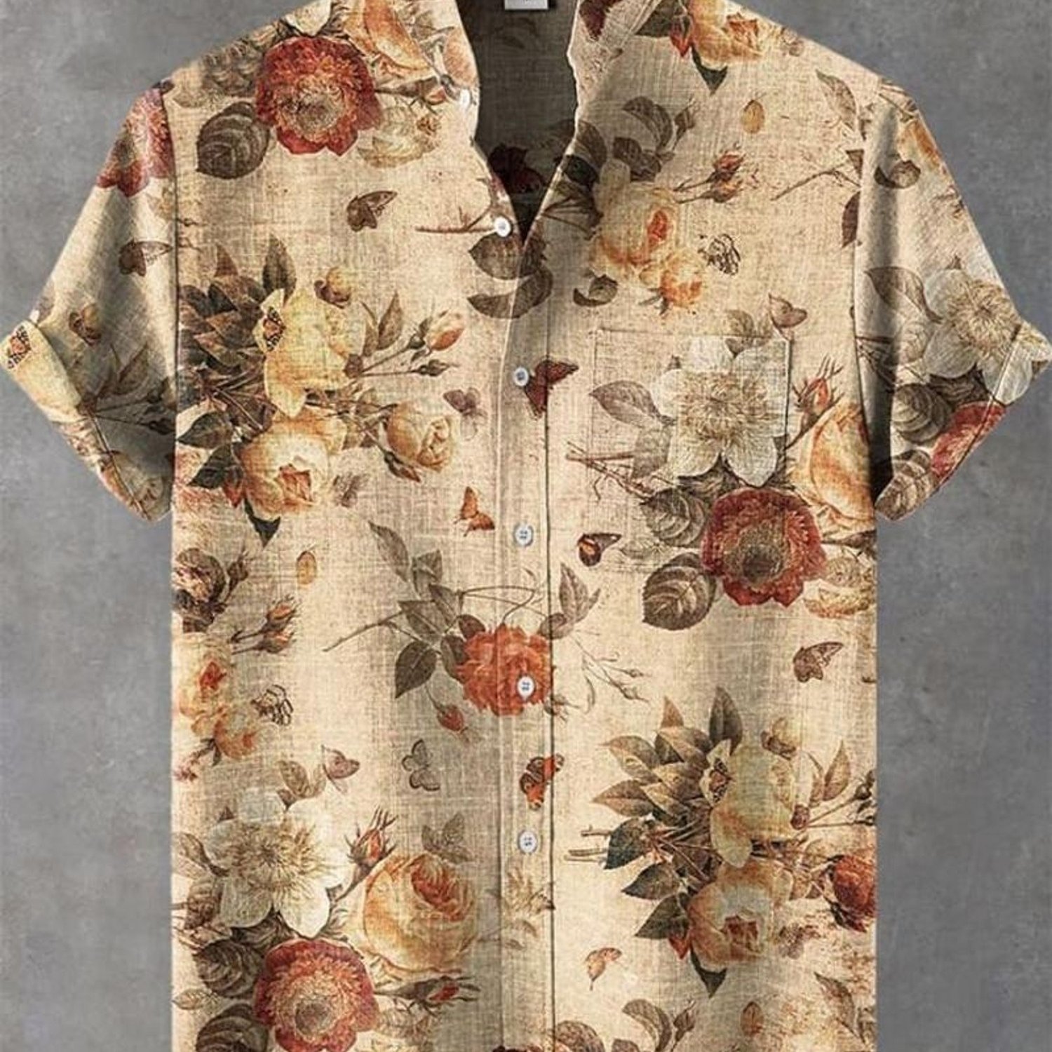 Image of Men's Button-front Pocket Shirt, Floral And Printed, Light Beige Base, Short-sleeved, Polyester Fabric, Casual And Comfortable Outfit, Multiple Sizes , Fashionable Dress Shirt For Men