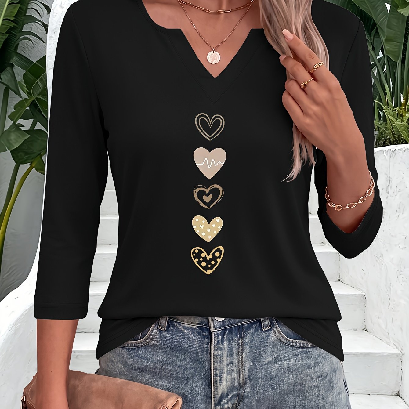 TEMU Pattern Print Notch V Neck 3/4 Sleeve T Shirt Casual Slim Basic Layer Top Daily Versatile Blouse