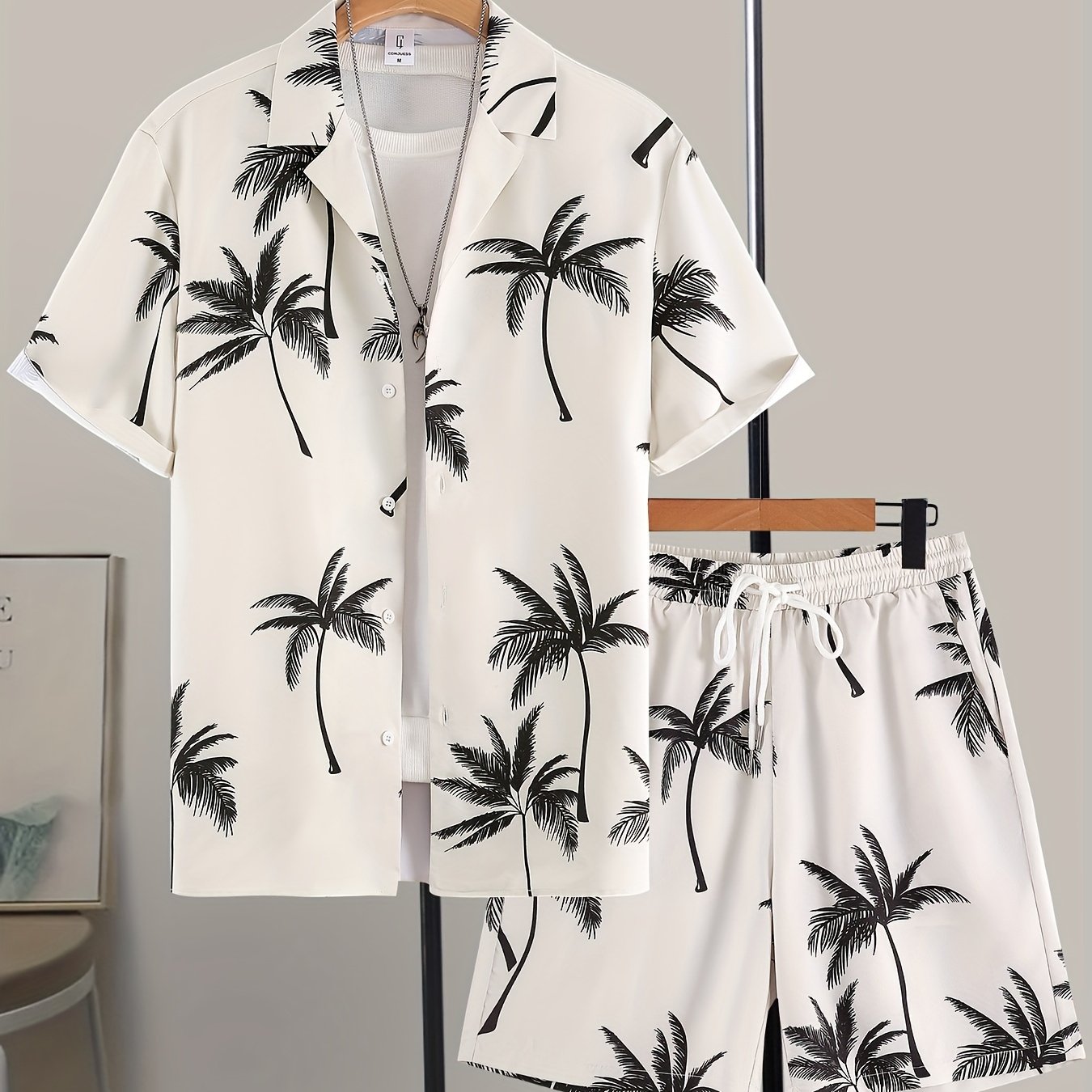 Image of Men's Coconut Tree Print Short-sleeve And Shorts Loungewear Set