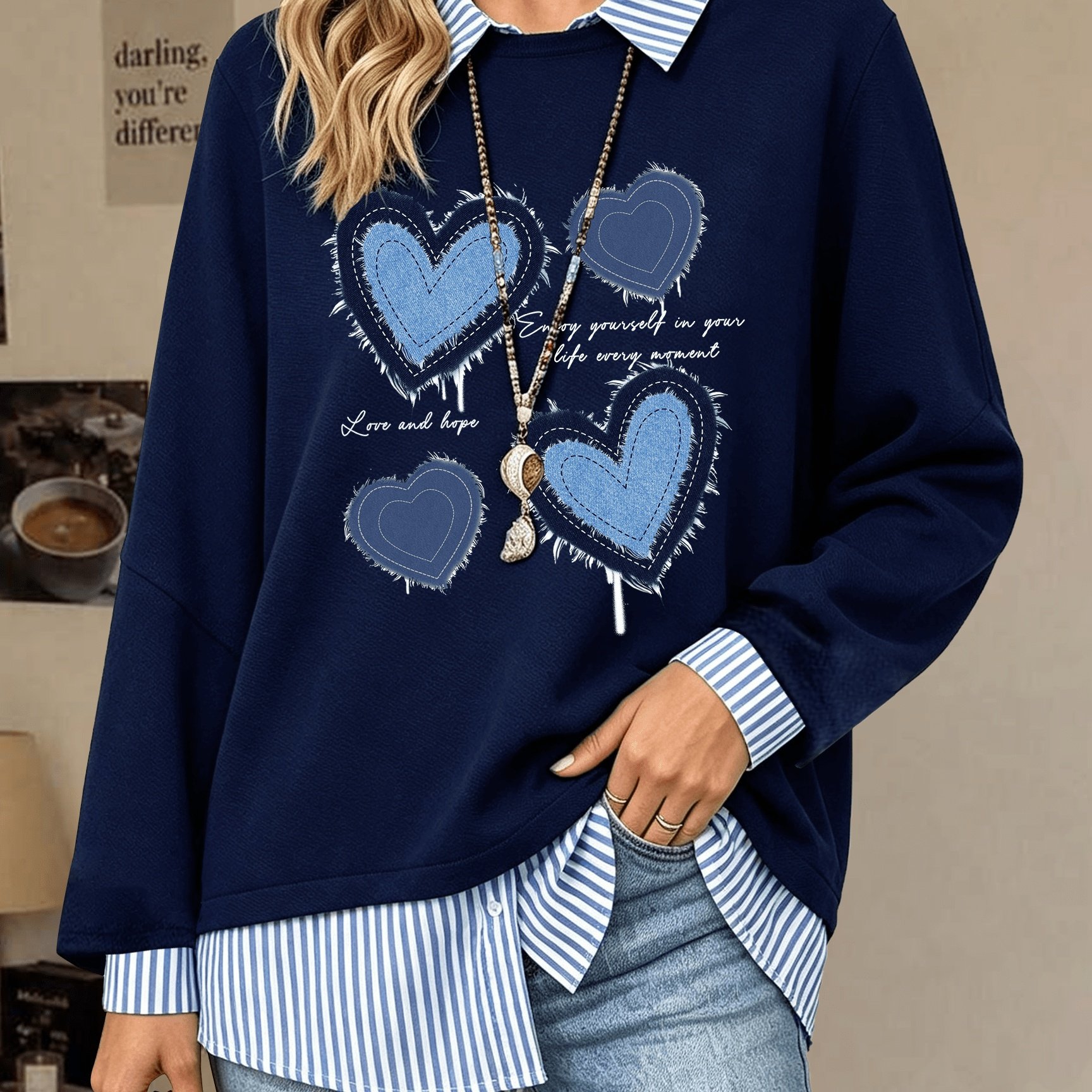 TEMU Talla Grande - Moda Mujer Estampada Blusa de Larga de Dos Piezas Sintéticas Talla Grande