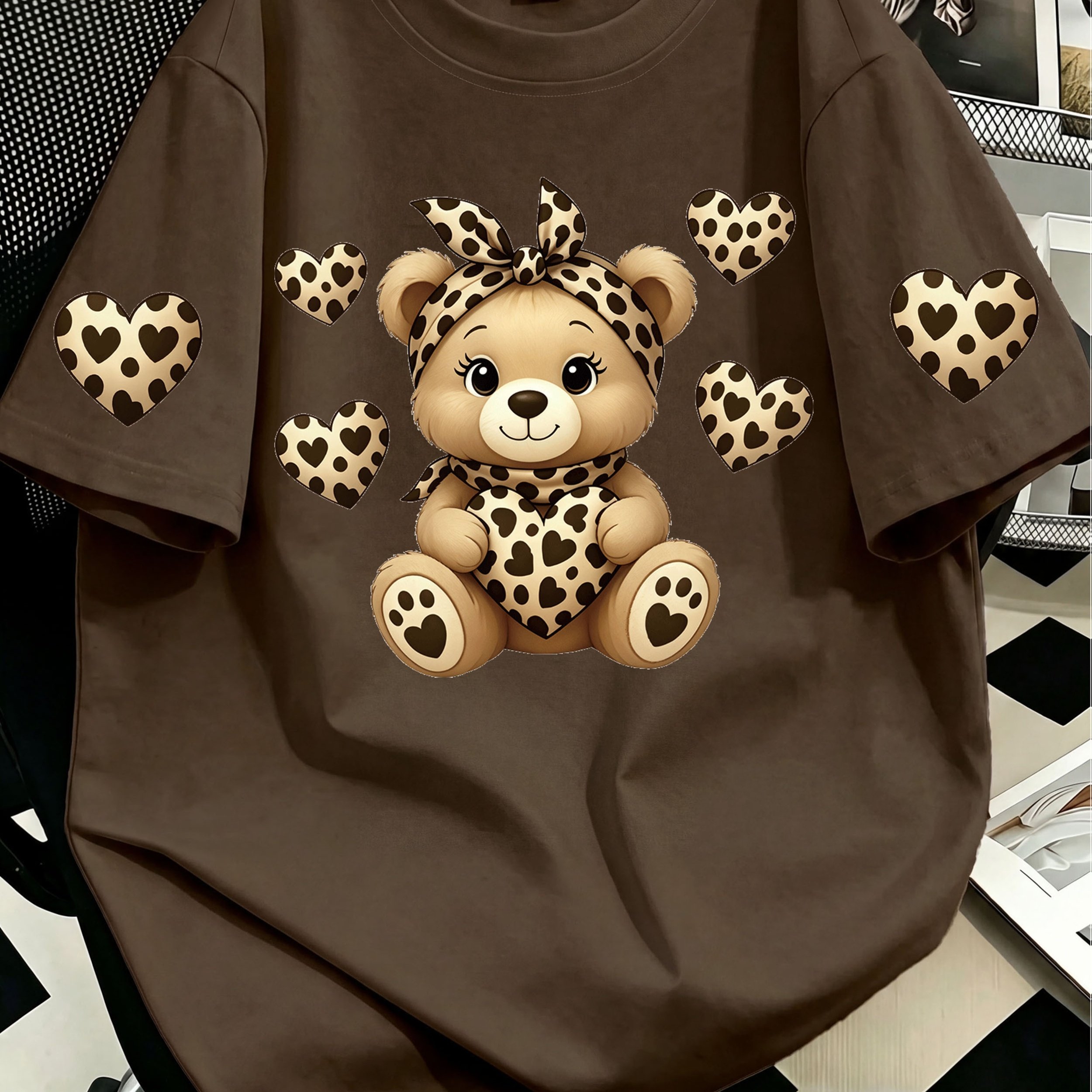 TEMU Plus Size, Plus Size Women's Leopard Print Heart And Bear Pattern Printed T-shirt, Fashionable Office Casual Top, Soft And Skin- T-shirt, Crew