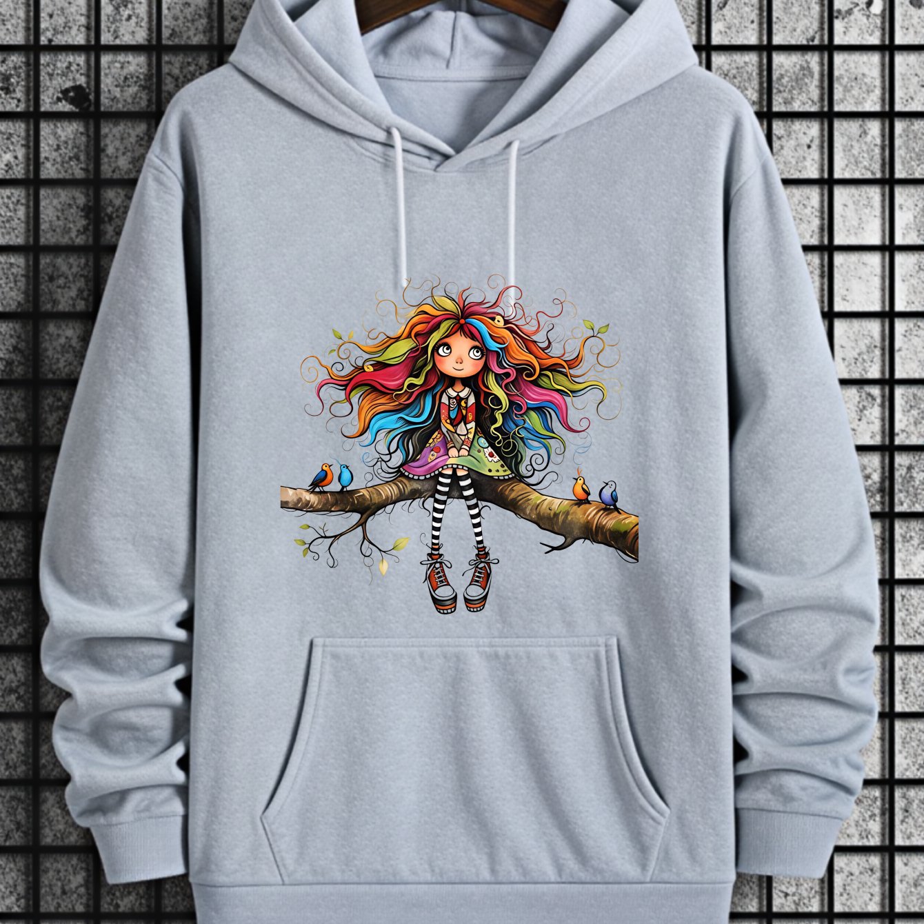 Image of A Colorful With Rainbow Hair Sitting On A Tree Branch Design Trendy Sweatshirt Women's Hoodie High Quality Thick Sweatshirt Autumn Winter Wear For Casual And Gifts For