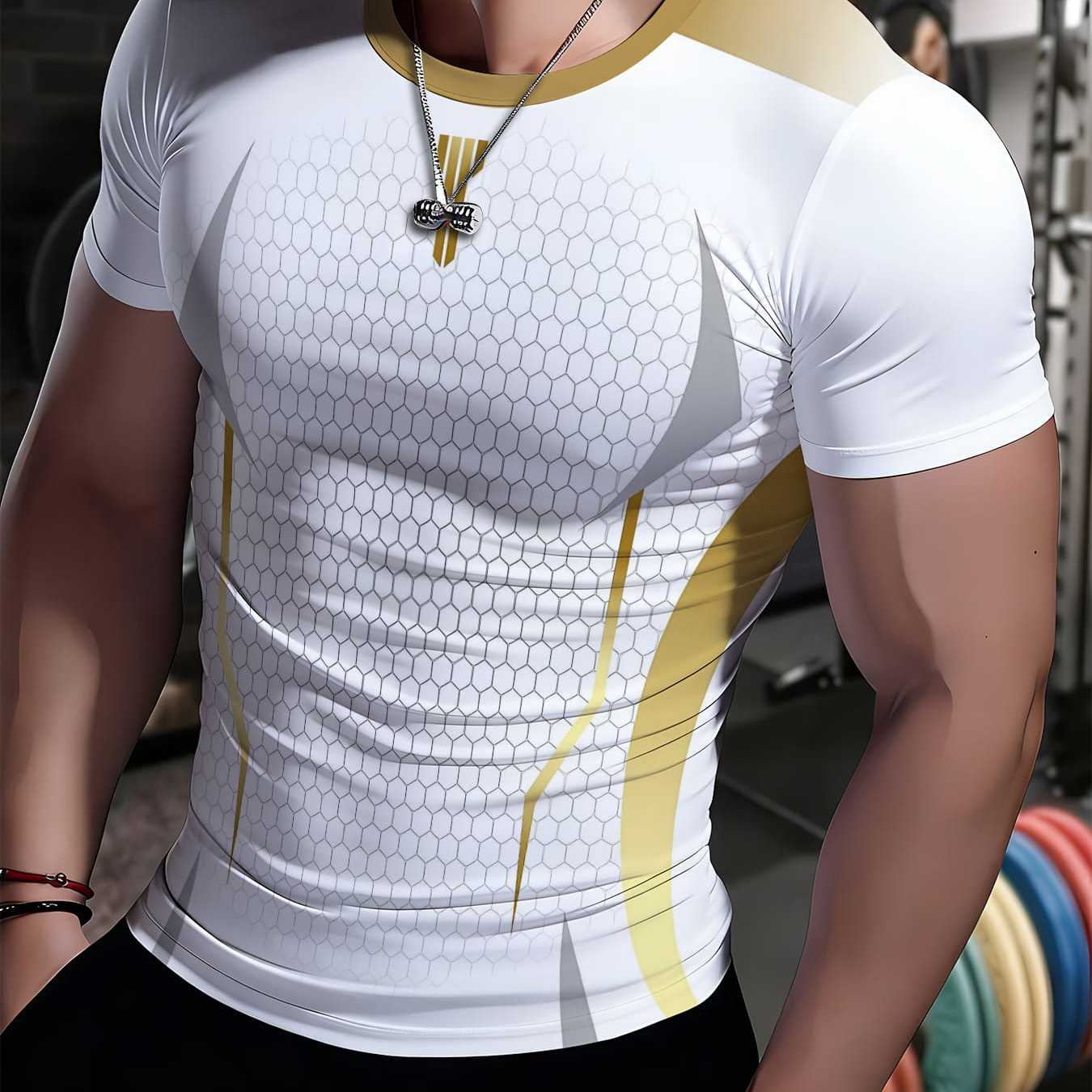 TEMU Men's Compression Shirt, Elastic Body Shaper, Fitness Apparel, Round Neck Short Sleeve, Athletic, Sweat-wicking, Breathable, Comfortable