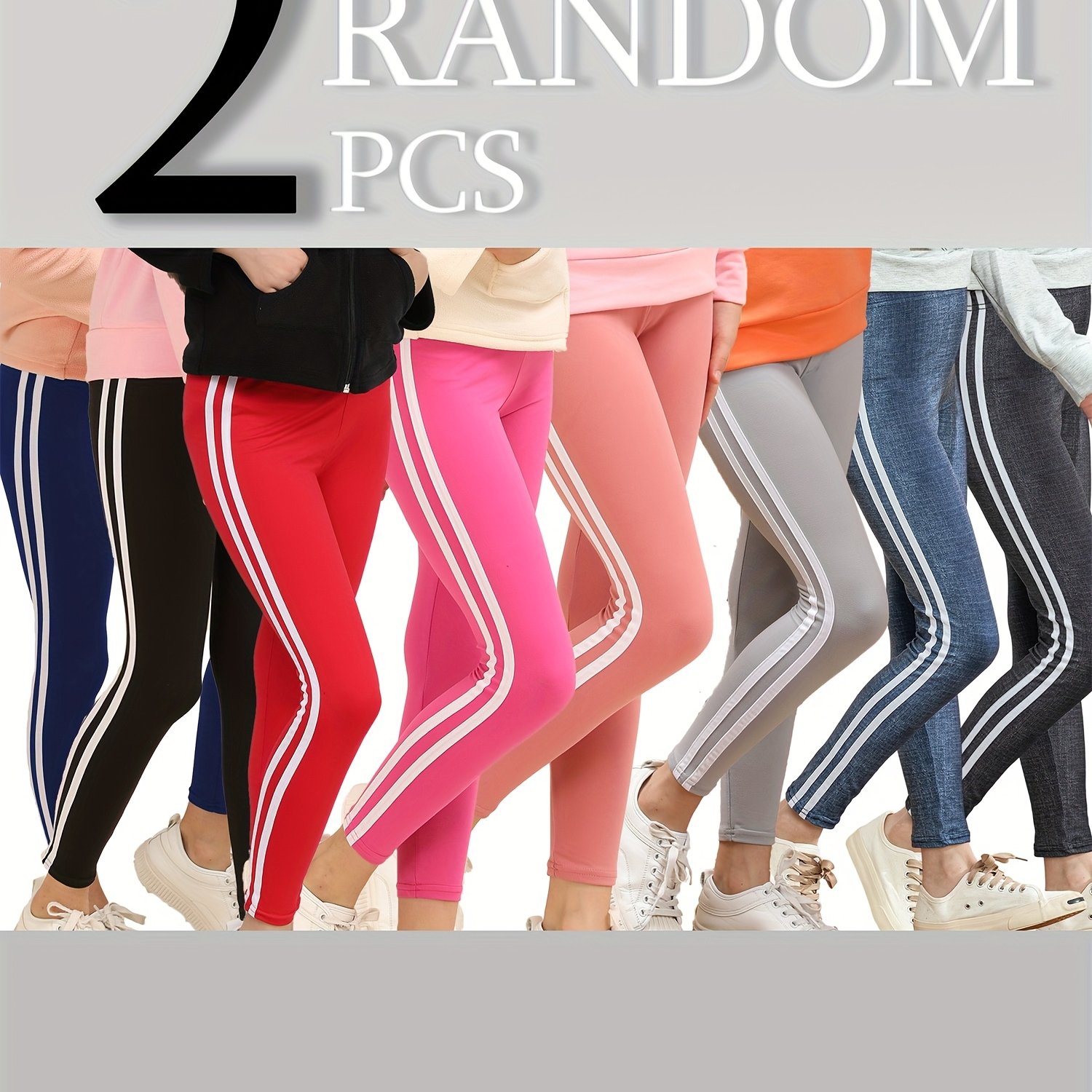 Random 2pcs Side Stripe Leggings For Girls, Super Soft And Stretchy Autumn Casual Sports Solid Color Ankle Pants With Side Stripes
