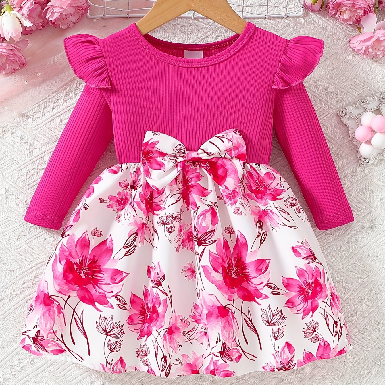 Girl's Dress Children's Dress Apparel Newborn Dress/children's Dress Girl's Dress Autumn Print Round Neck Cute Flower Bow Knee-length Fashion Comfortable Girl's Dress