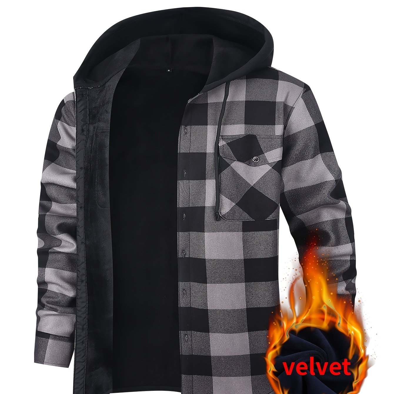 TEMU ! Men's Hooded Plaid Button Loose Fitting Long Sleeved Shirt Jacket With Flannel European And American Sizes, Double Pocket Lining, Plush And Thickened Outdoor Casual Jacket Shirt Jacket