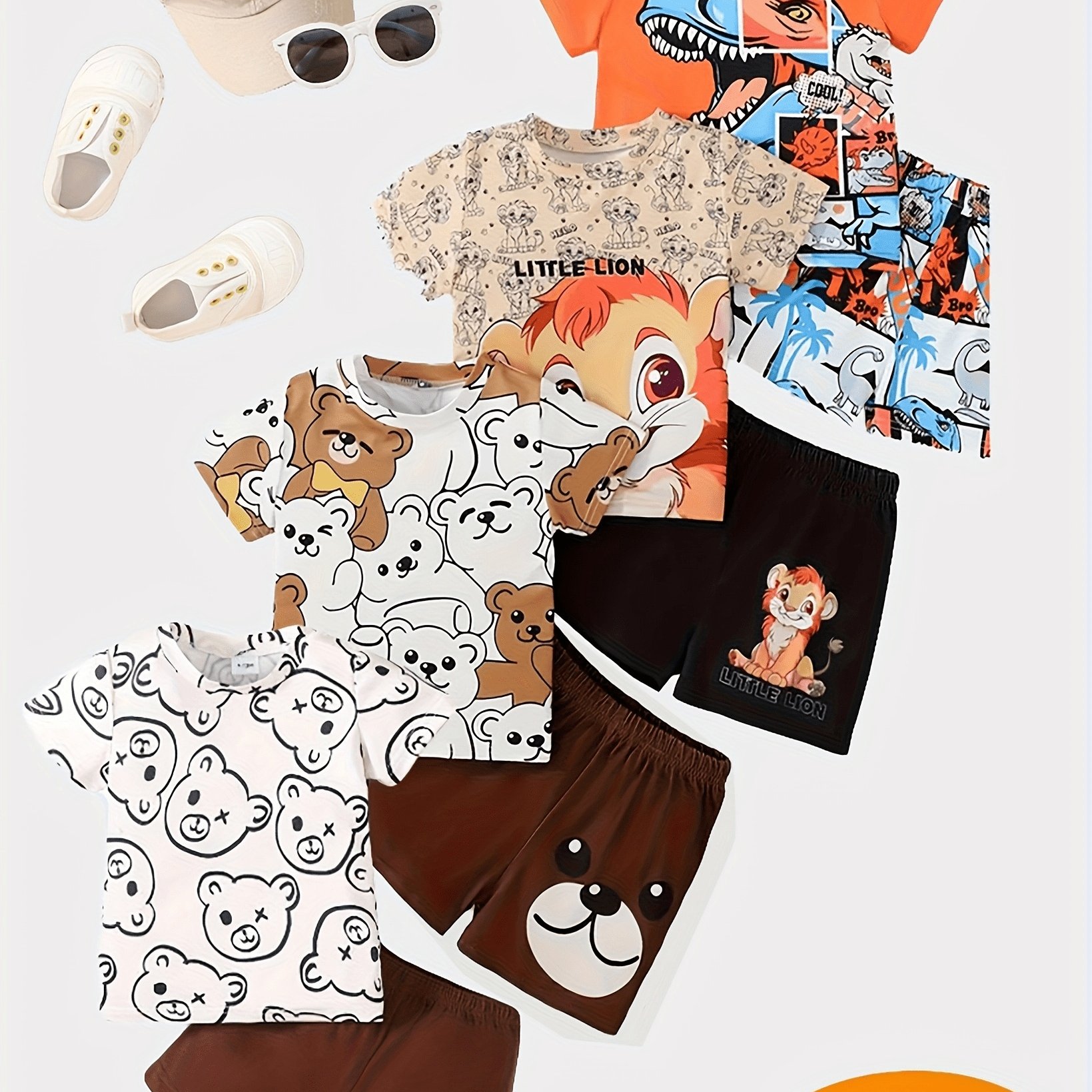 Image of (random 1 Set) Black And White Little Bear And Yellow Little Bear And And Little Dinosaur Printed Short-sleeve Casual Fashion Set For Spring And Summer Outdoor Sports And Everyday Wear, For Outdoor