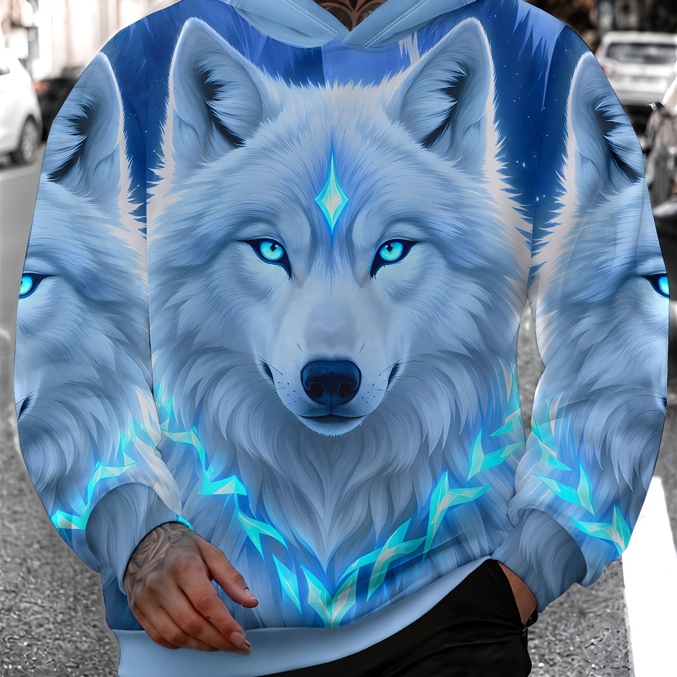 TEMU Men's 3d Printed Hoodie, Light Blue Starry Blue White Wolf Print With Wolf Head Patterns On Sides, Breathable Casual Pullover Hoodie For Spring