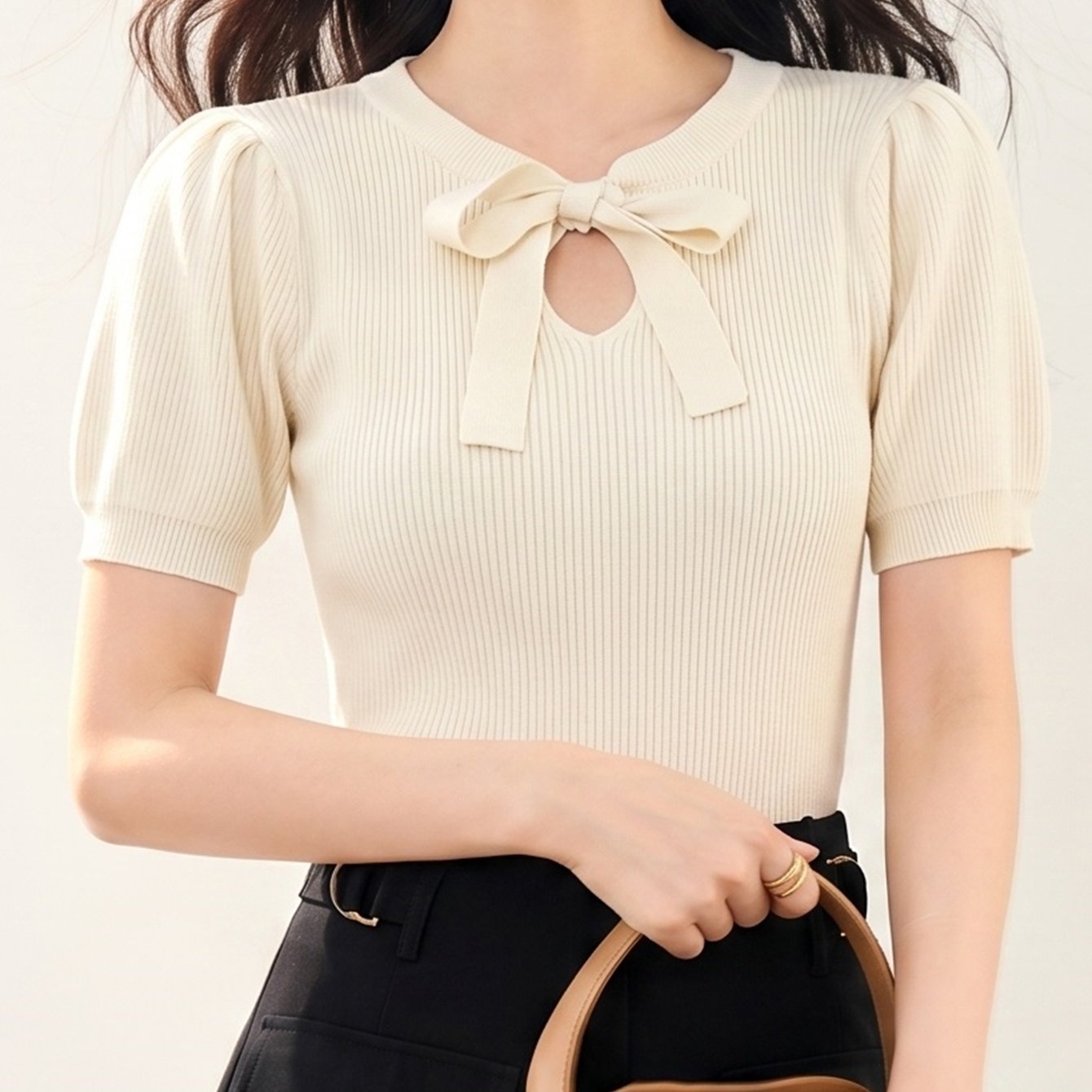 TEMU 여성용 패셔너블한 나이 감少女감 보우노트 镂空 반팔 티셔츠, 새로운 여름 출퇴근 스타일 헤어핀 니들 상의