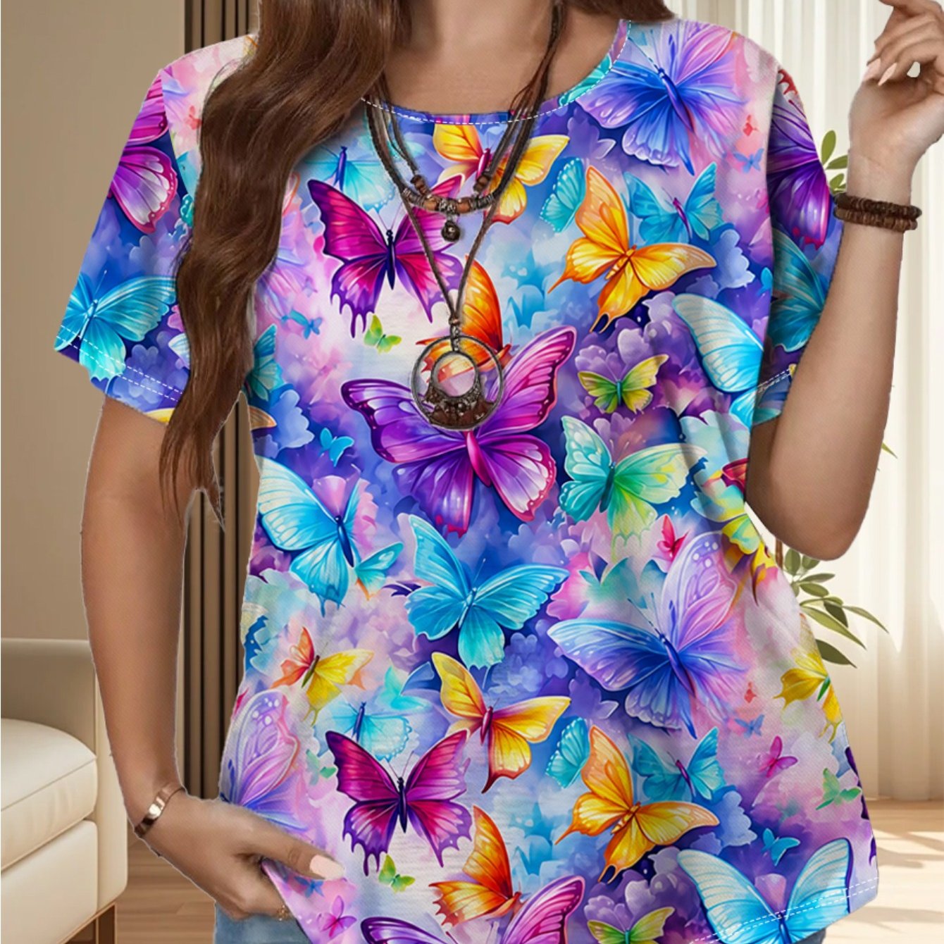 TEMU Plus Size, Women's Plus-size Oversized Stretch T-shirt - Loose-fit Round Neck Short Sleeve -compatible Top With Full-body Watercolor & Geometric