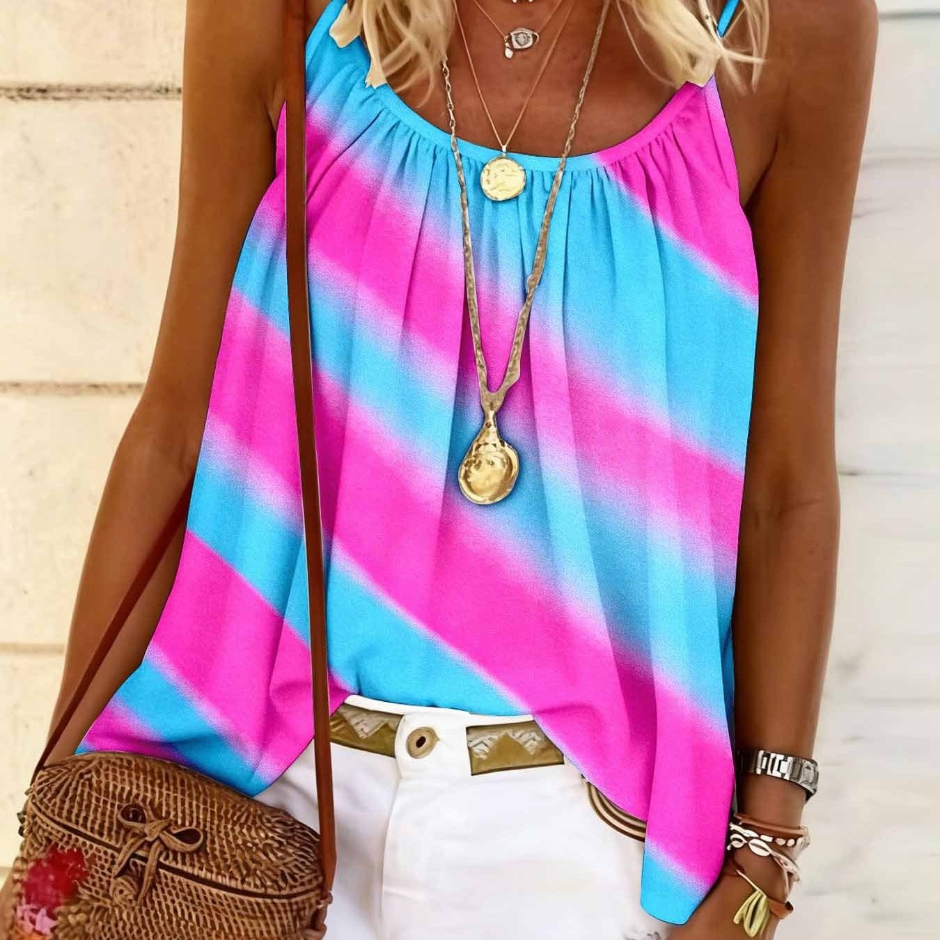 Image of Ladies' Fresh Printed Slim Shoulder Strap Jumpsuit, Elegant And Loose Fit, Suitable For Seaside Vacations, Summer Fashionable Women's Clothing