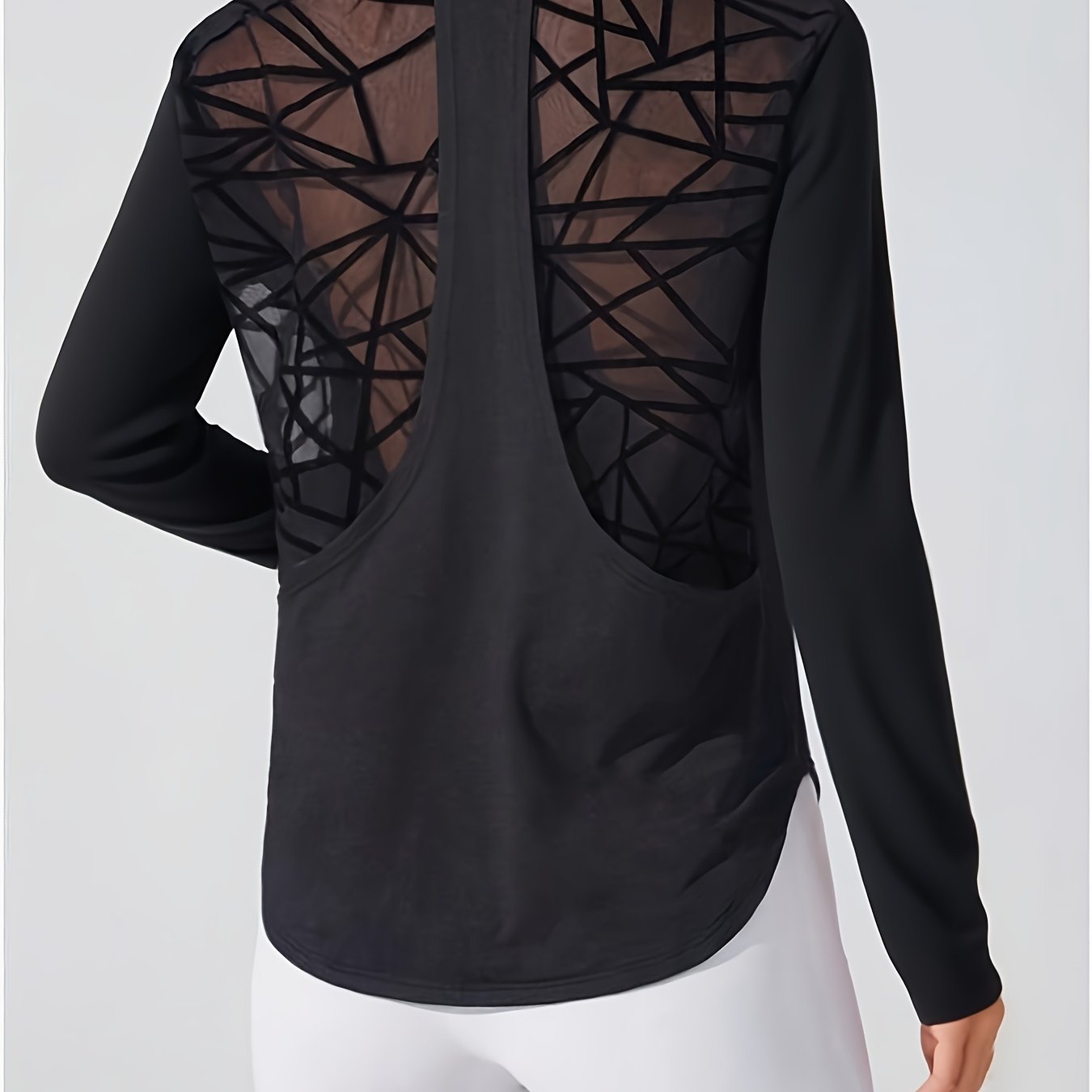 E-shop 1 Stück Damen Sport T-Shirt in Unifarben - Atmungsaktives, dehnbares, locker geschnittenes Langarm-Oberteil, geometrisches Mesh-Gewebe-Design,