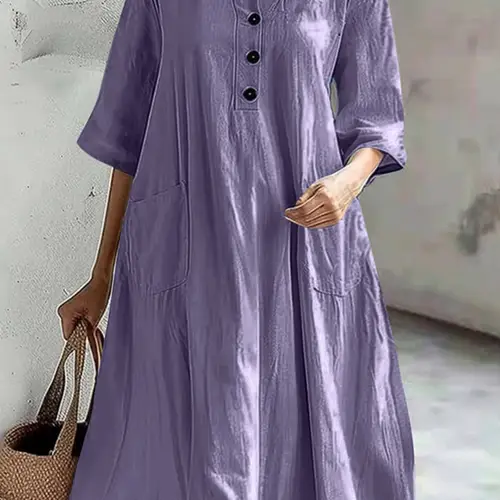womens 100 cotton midi dress with pockets v neck elbow sleeve button front casual loose fit flared hem dress for spring summer fall machine washable