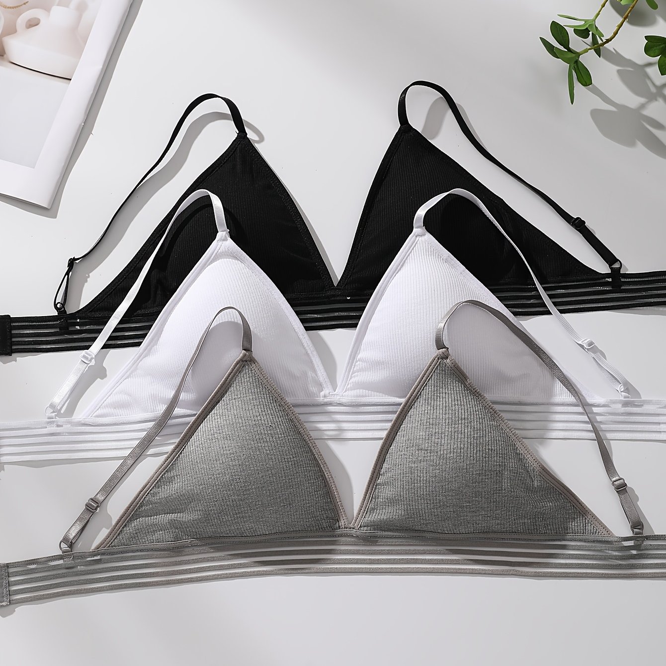 TEMU 3-pack Women's Deep V-neck Wireless Bras With Triangular Cups And Ribbed Gussets | Striped Pattern, Removable Padding