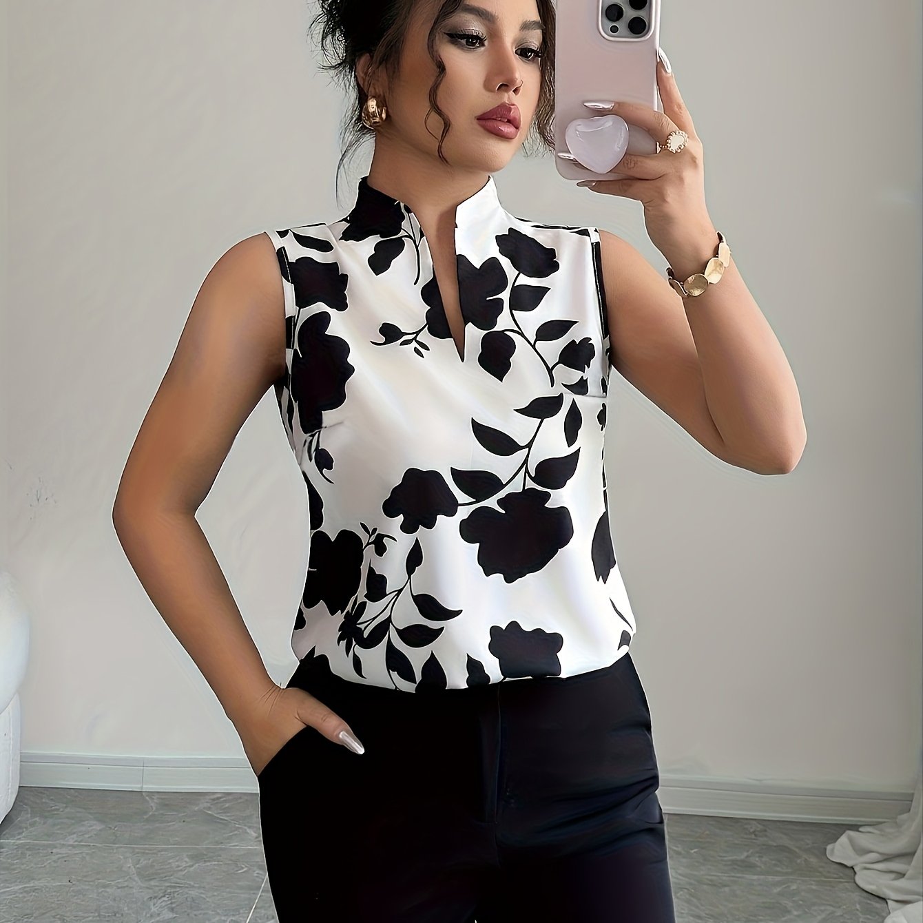 TEMU Directional Elegant Casual Botanical Print Open-neck Sleeveless Crop Top