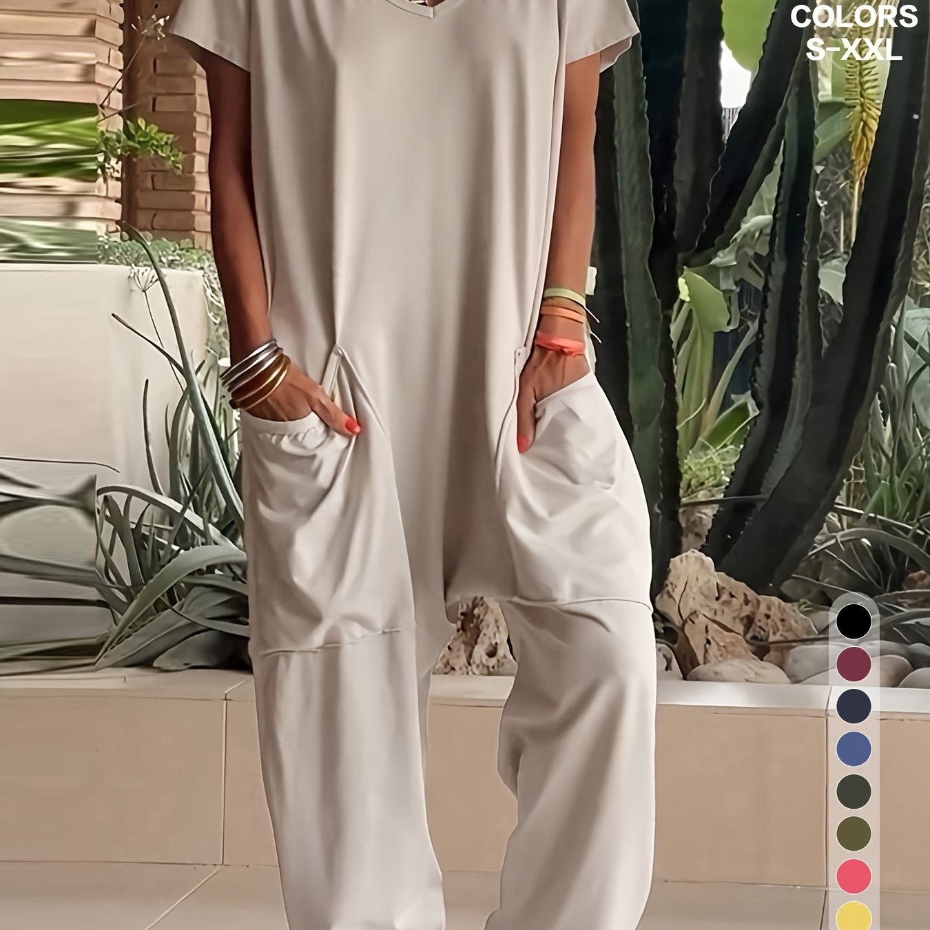 item picture big pockets womens v neck short sleeve wide leg jumpsuit breathable summer urban casual outfit for daily wear