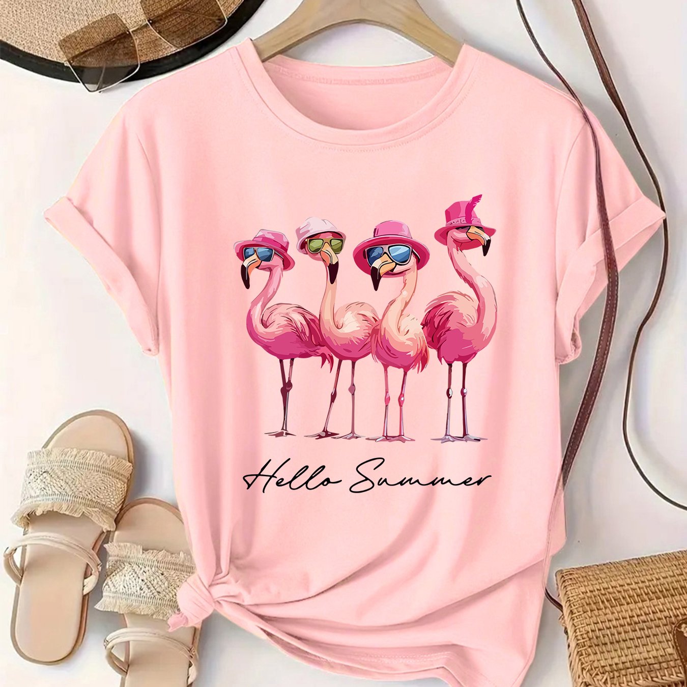 TEMU Ladies' Cute Flamingo Printed Short-sleeved T-shirt-"hello In Summer" Design, Polyester, Spring And Summer Leisure Round Neck Decoration,