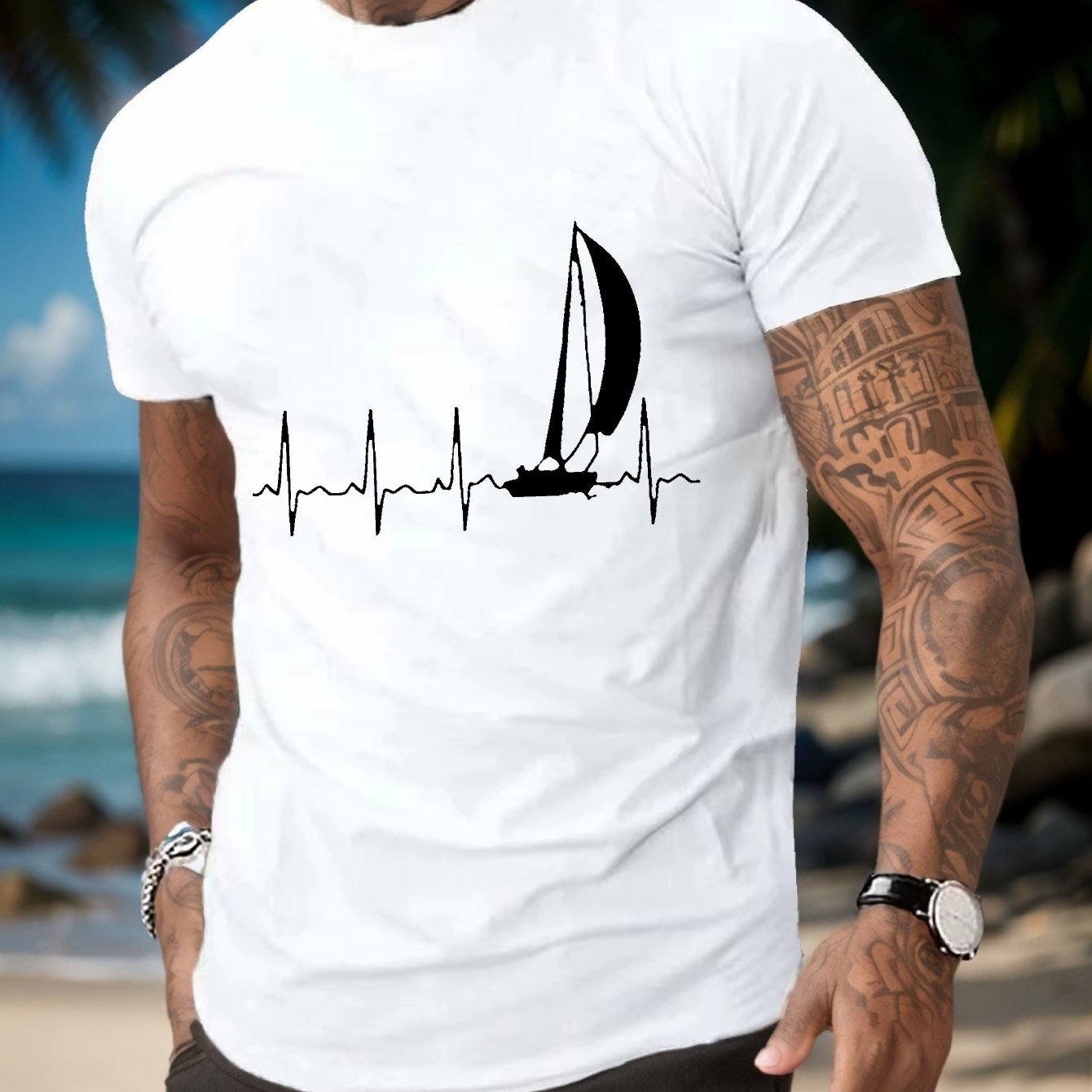 TEMU Sailing Ekg Men's Short Sleeve T-shirt Summer T-shirt Top