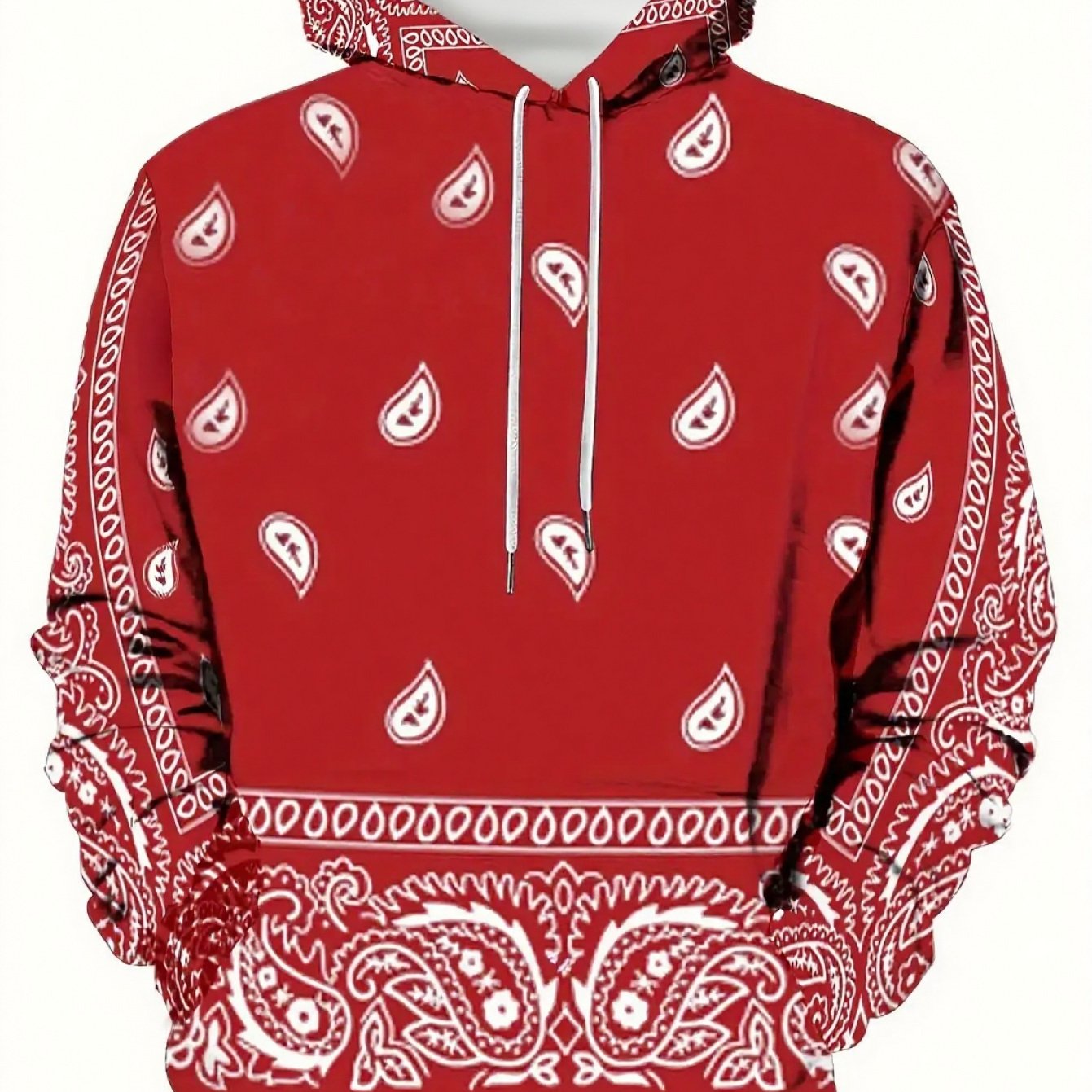 TEMU Men's Navy Blue And White Paisley Print Hooded Sweatshirt - Nutmeg With Kangaroo Pocket, Warm Winter And Autumn Streetwear, Machine Washable
