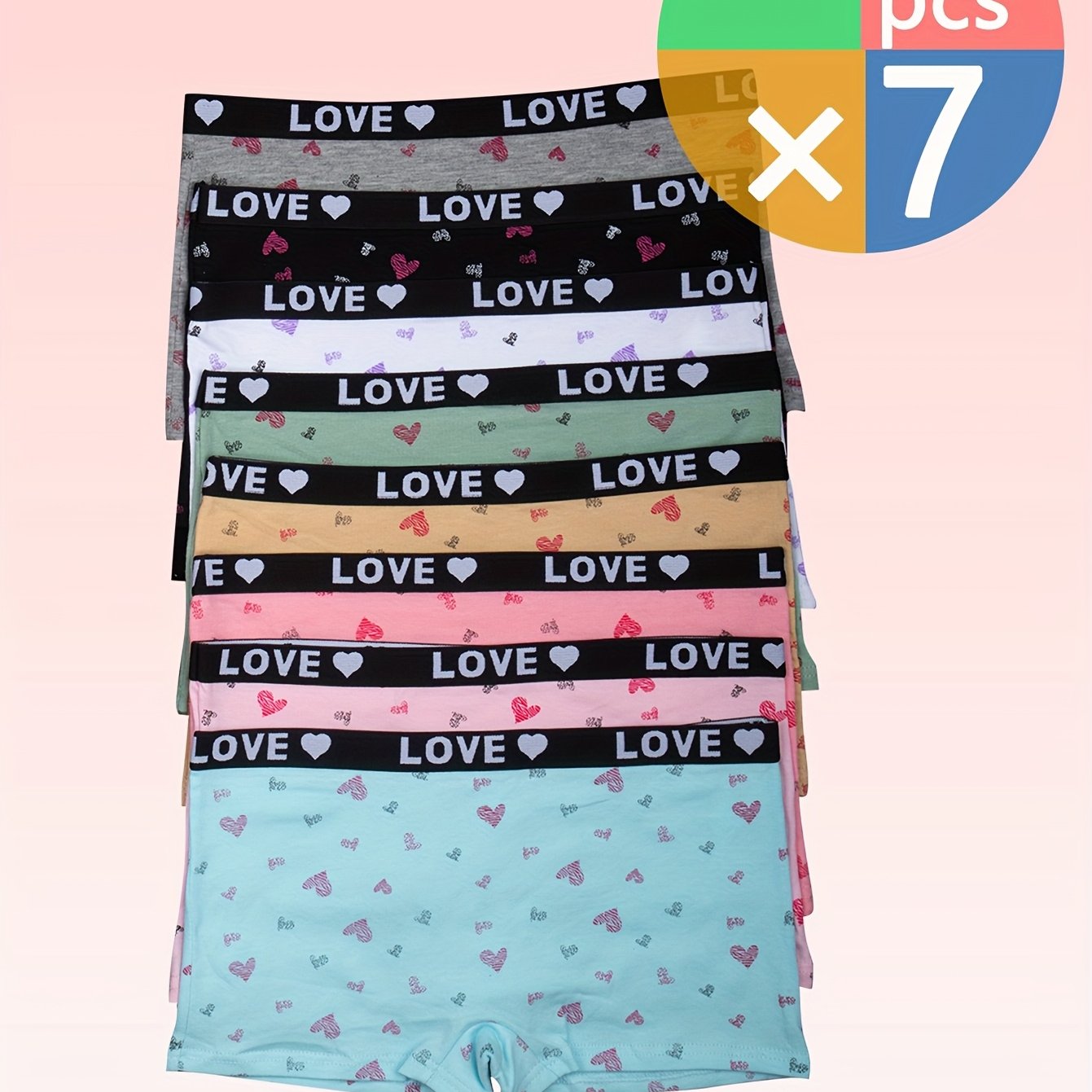 Image of Random 7pcs Set Cotton Heart Mixed Color Cute Girls' Everyday Boxer Briefs, For Older Girls, Stretchy, Soft, Comfortable, And Fashionable Underwear, Suitable 10-12