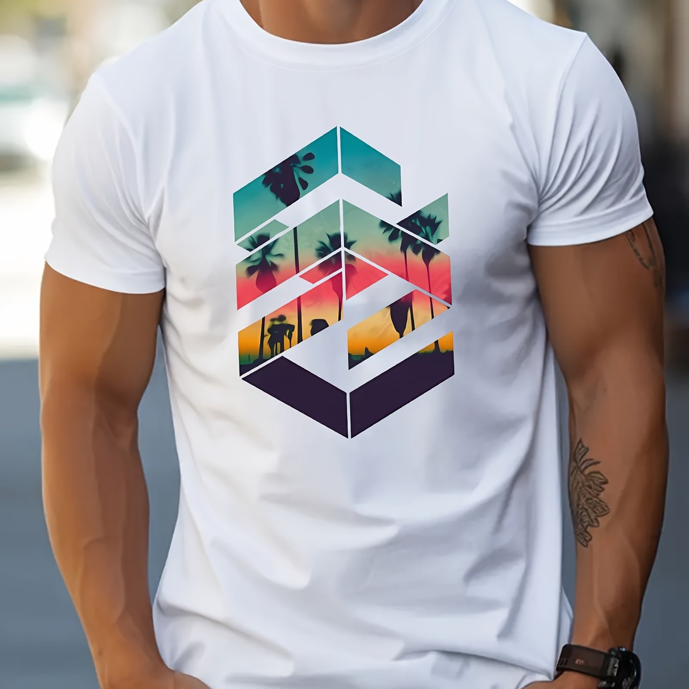 Image of Geometric Print Stylish T-shirt For Men, Casual Summer Top, Comfortable And Neck Short Sleeve, Suitable For
