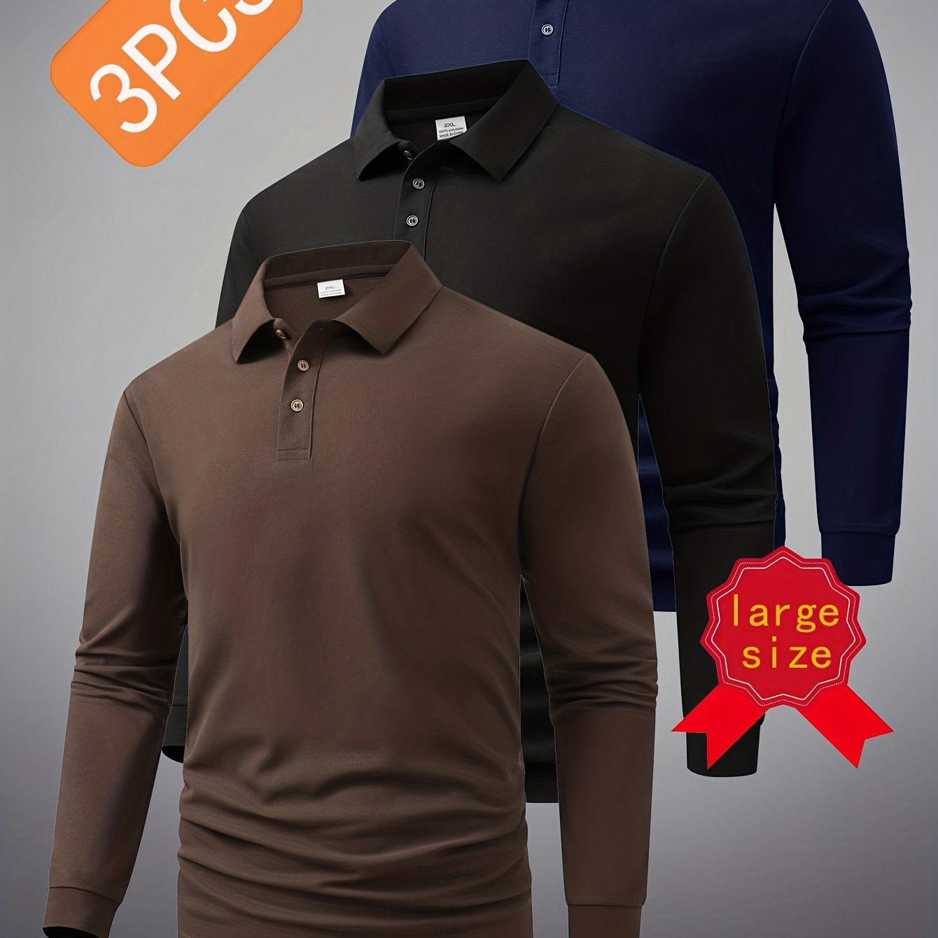 TEMU [ Little Obmb] 3pcs D11 New Plus Size Men' Fashion Casual Athletic Long Sleeve Solid Color Shirts, Comfortable All-match Regular Fit Button-up
