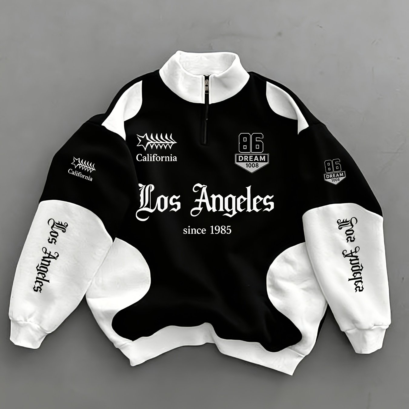 TEMU Autumn/winter Los Angeles 1985 Letter Print Half-zip Stand Collar Sweatshirt, Black And White Colorblock Top
