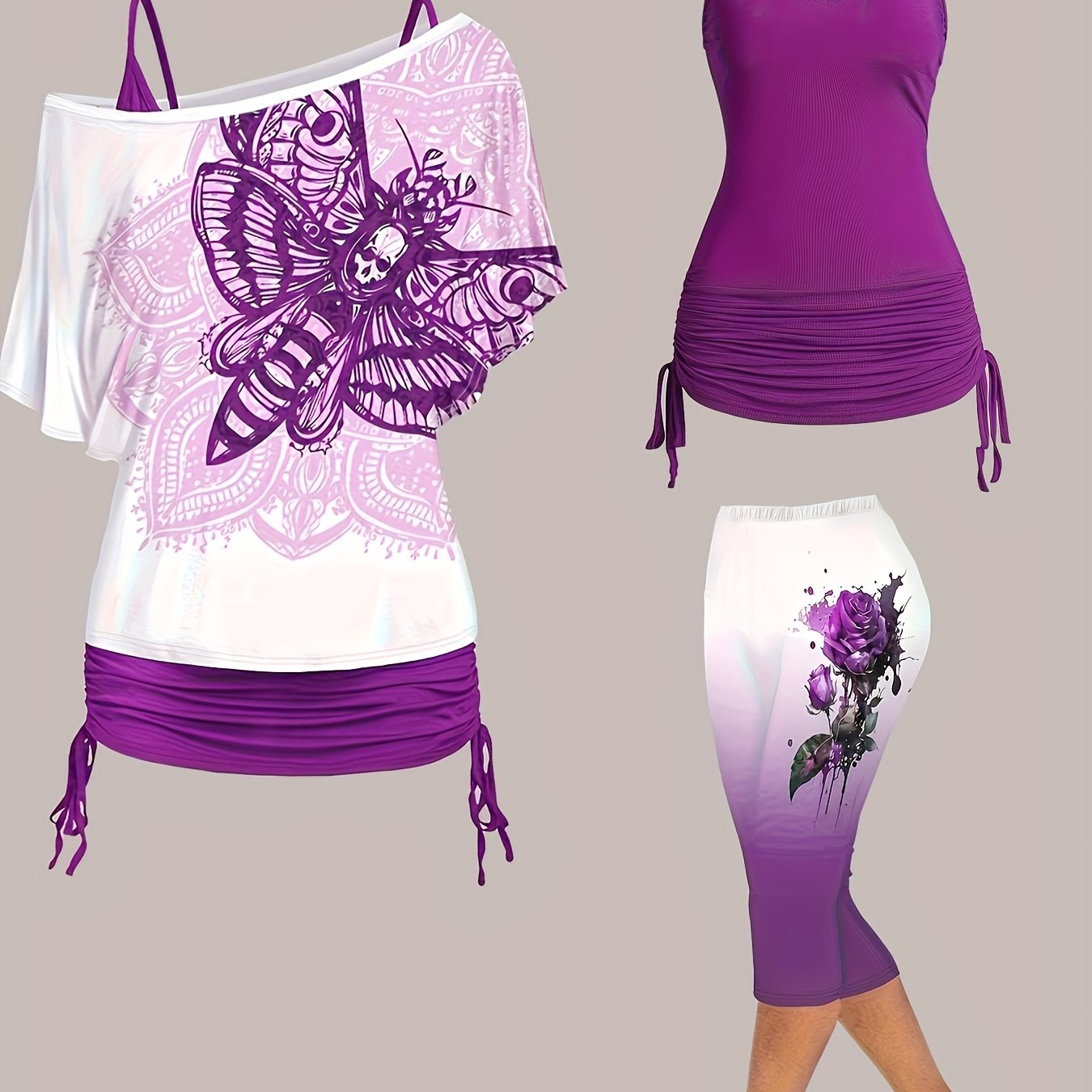 Plus Size - Plus Size - Summer Plus Size Burgundy Print Off-shoulder Top, Solid Cami And 3/4 Length Shorts Women's 3pcs Set