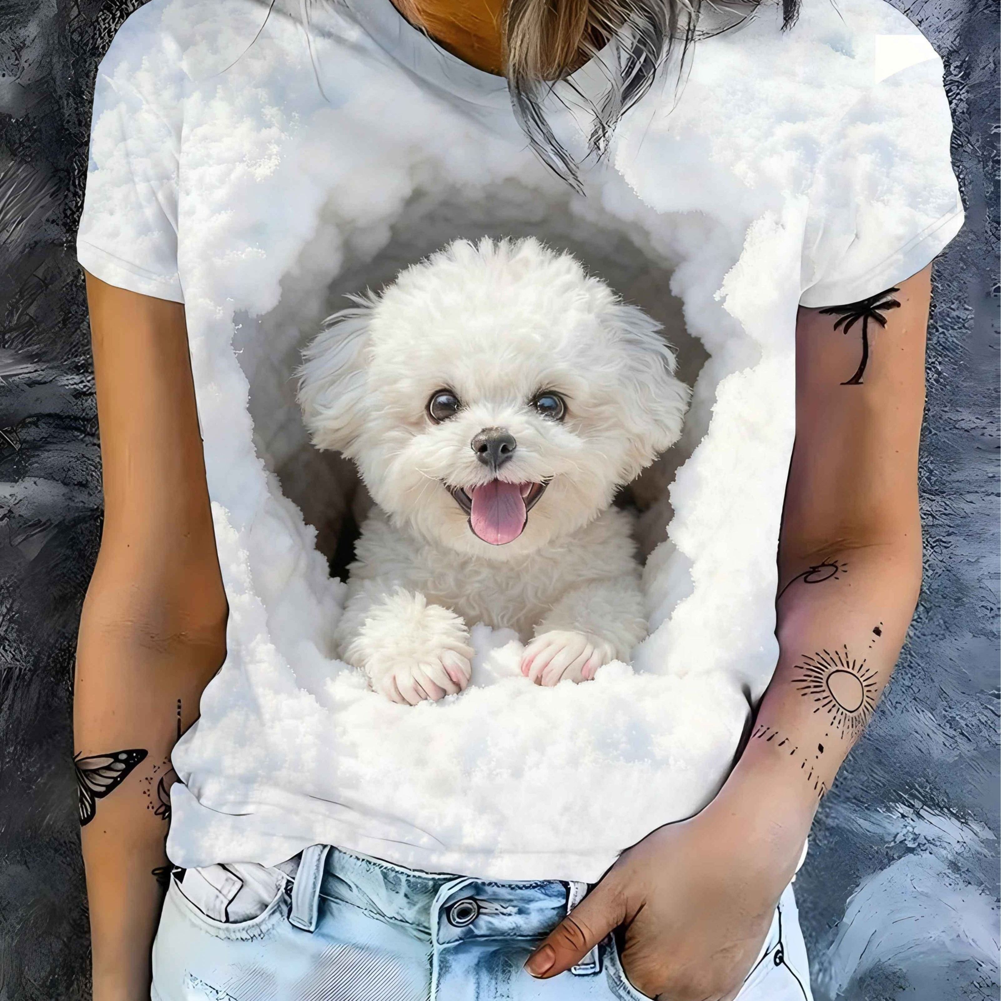 TEMU [printed Design-not Textured]women's Cute White Cloud And Dog Short Sleeve T, Top