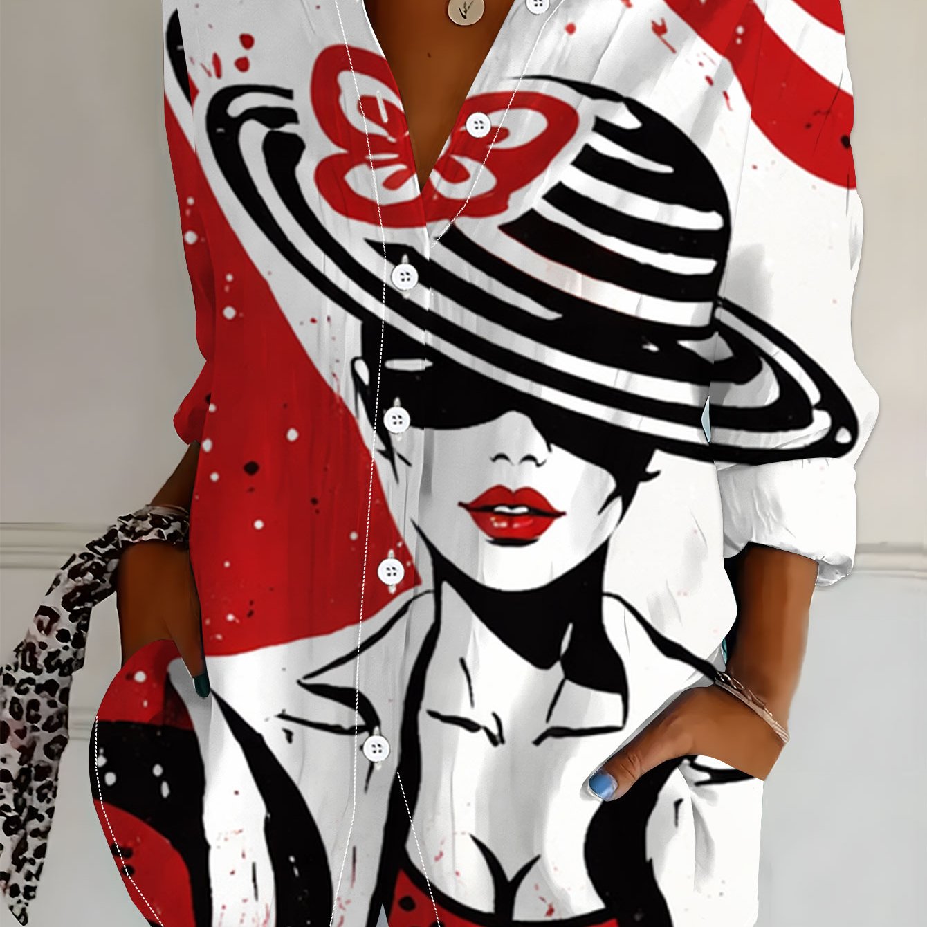 TEMU Plus Size, New Plus Size Women's Long Sleeve Printed Shirt, Versatile And Elegant Shirt For And Women, Fashionable Red, Black, And White