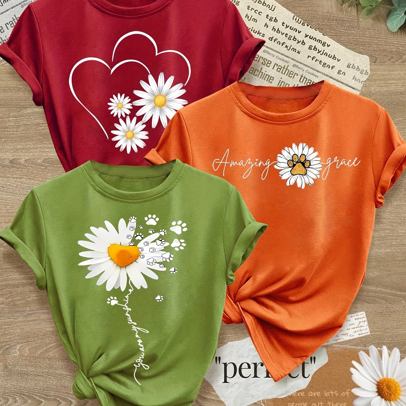 TEMU A Set Of 3 Matching Outfits For Sisters Featuring A Easy And Clear Floral Print, Stylish Retro Design For Women, Suitable For Casual Sports ,