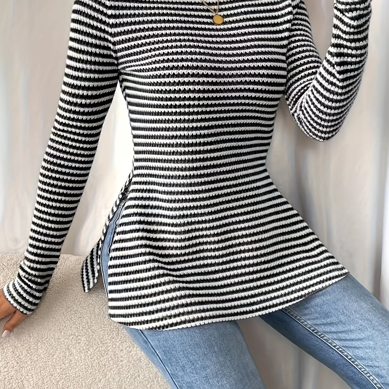 TEMU Ladies Elegant Striped Round Neck Long Sleeve Sweater