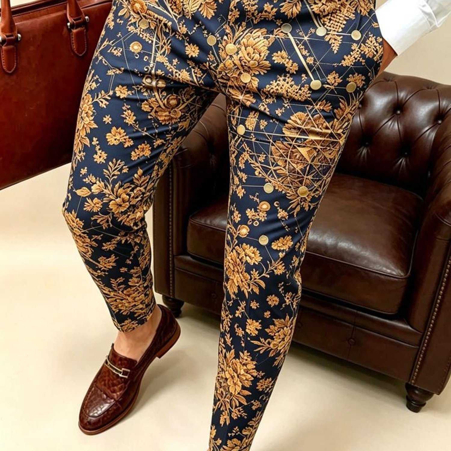 Image of Men' For Business & Formal Suit Pants - Ornate Golden Floral & Geometric Pattern Dress Trousers, Machine Washable Pocketed , - Regular Fit Matching For Dress Shirts & Loafers, Multi-specification