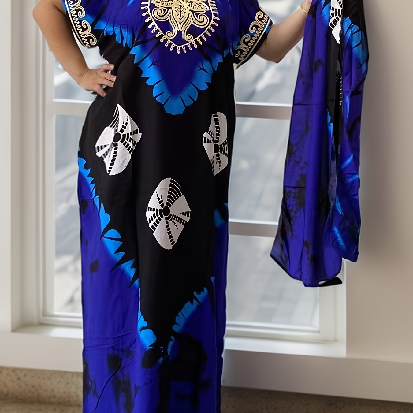 Image of Plus-size Floral Print Kaftan Dress For Ramadan, Elegant Round-neck Short-sleeve Gown For Middle Eastern Women, Women's Plus-size Clothing