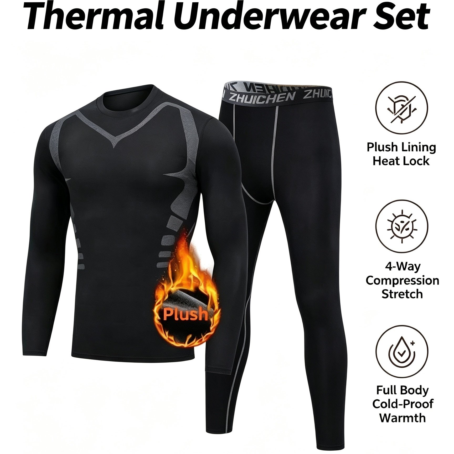 TEMU Men's Fleece-lined Compression Thermal Suit, Thick Plush Warm Long Sleeve Undershirt Pants Set, Stretch Cold Weather Base Layer For Outdoor