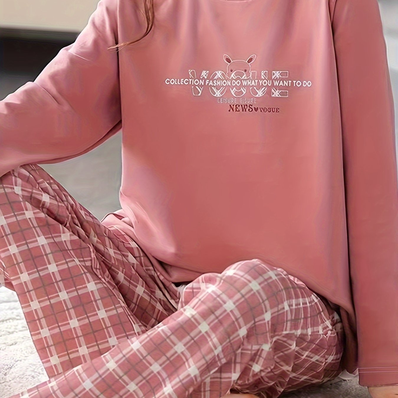 Letter Print Pajama Set Long Sleeve Crew Neck Top Plaid - Temu Philippines