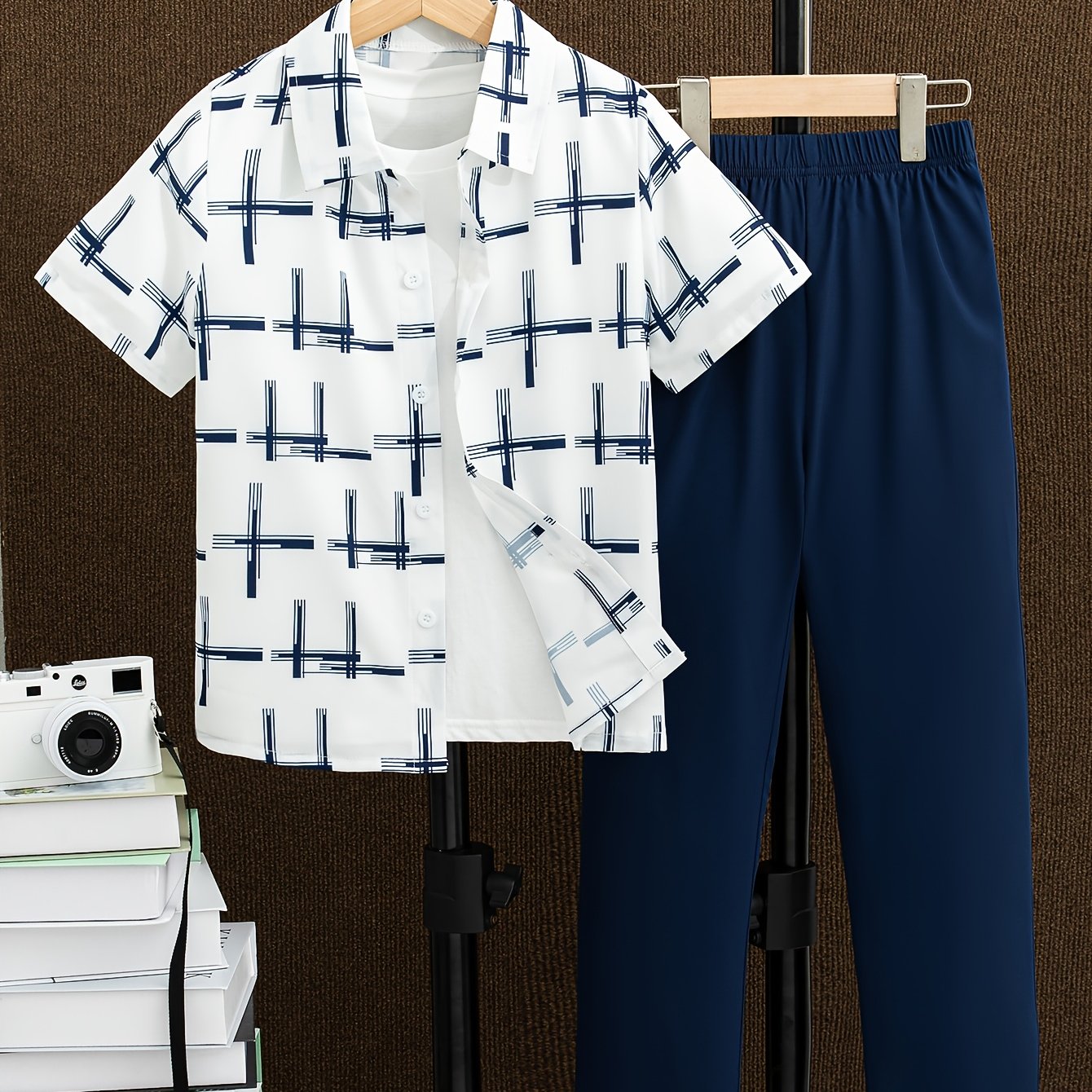 Summer Casual Outing Open Collar Short Sleeve Print Pattern Regular And Long Pants 2pcs Set Boys' Long Pants Set, For Outdoor