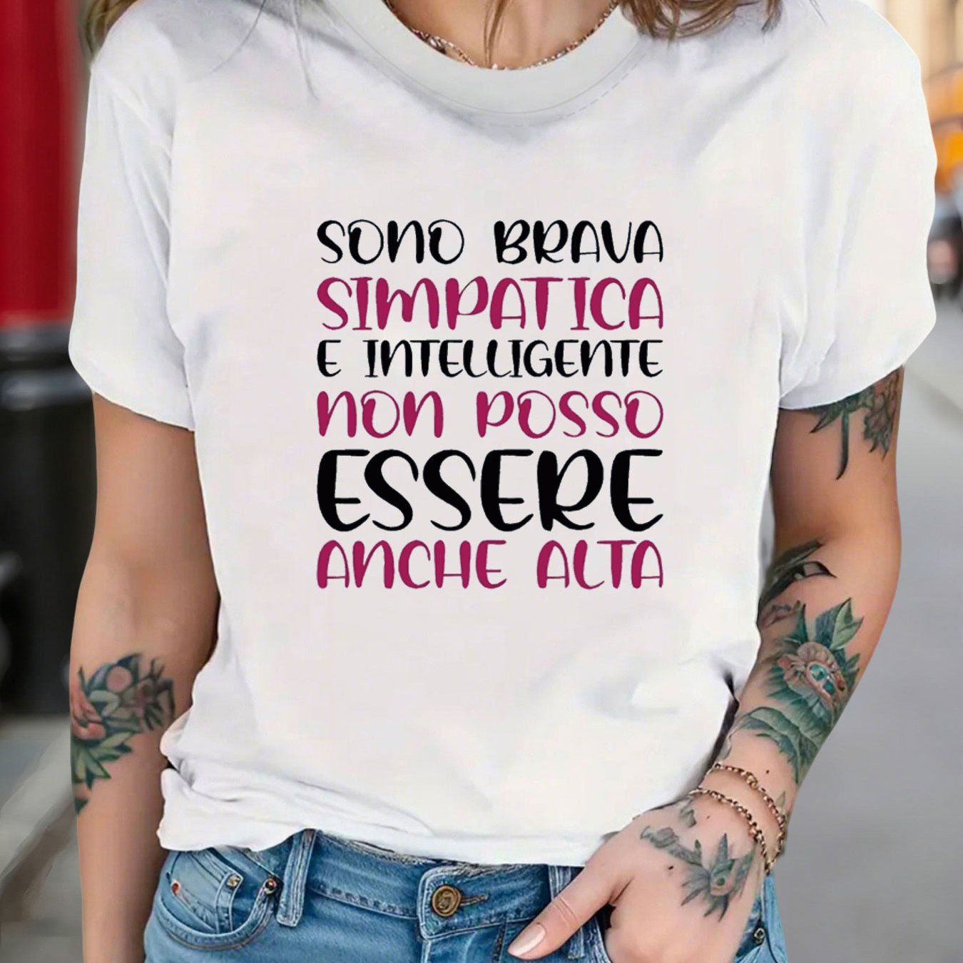 TEMU T-shirt da donna con italiana " Brava, Intelligente" - Adatta a taglie corte e alte, maglietta casual a e maniche corte per abbigliamento