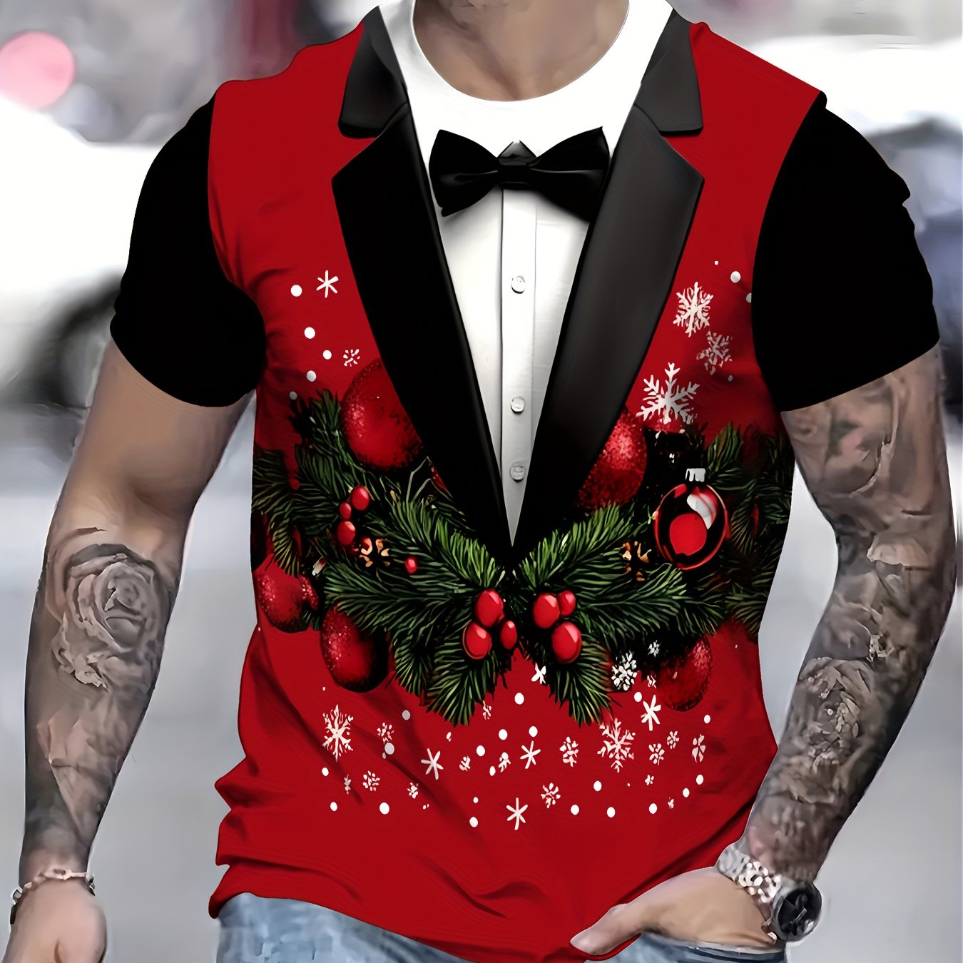 Image of Gift Joy, Festive Men's 3d Printed T-shirt - Tuxedo And Christmas Elements Holiday Wear, Machine Washable - Ideal Present For Boyfriend Or Friend, Fun Christmas Shirt, Round Neck