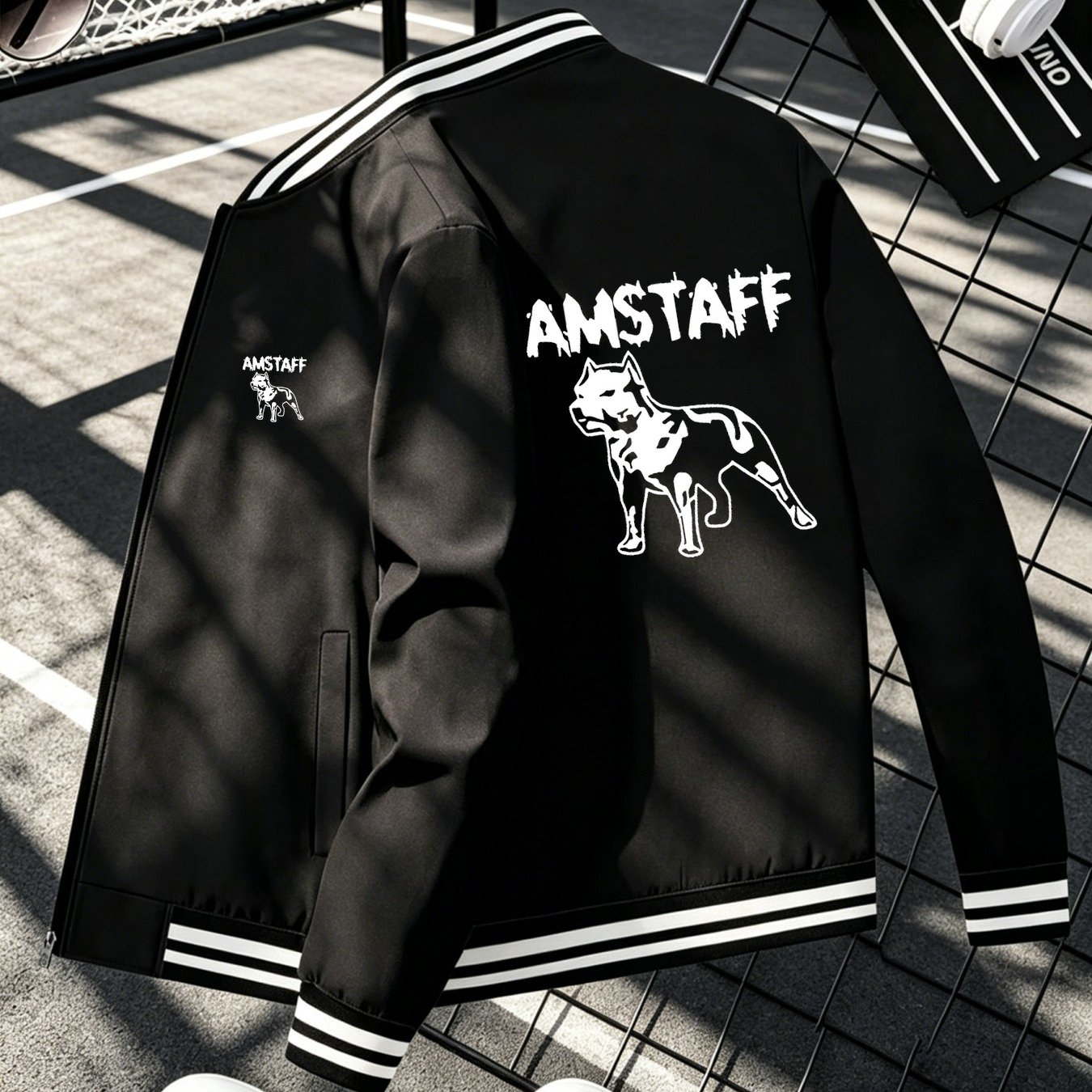 TEMU Men's Streetwear Style Baseball Ribbed Jacket With Text And Dog Print
