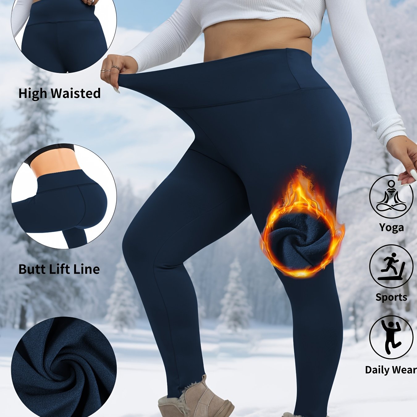 TEMU Plus Size Women's High-waisted Thermal Leggings -lined Base Layer Leggings Pants Abdominal Control Solid Color High-stretch Ideal For Fitness,