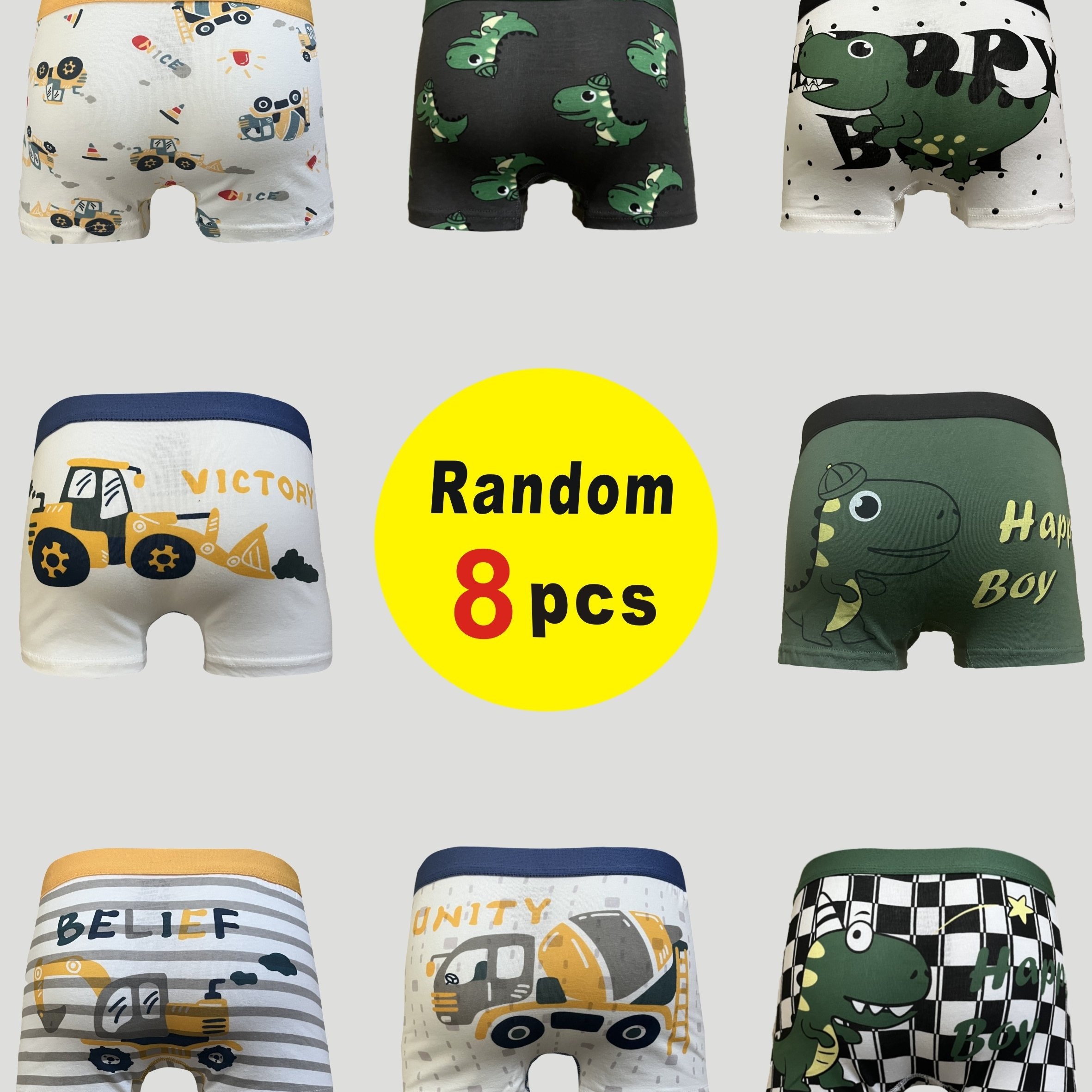 Random 8-pack Boys' Underwear, Dinosaur And Excavator Print Boxer Briefs For Kids
