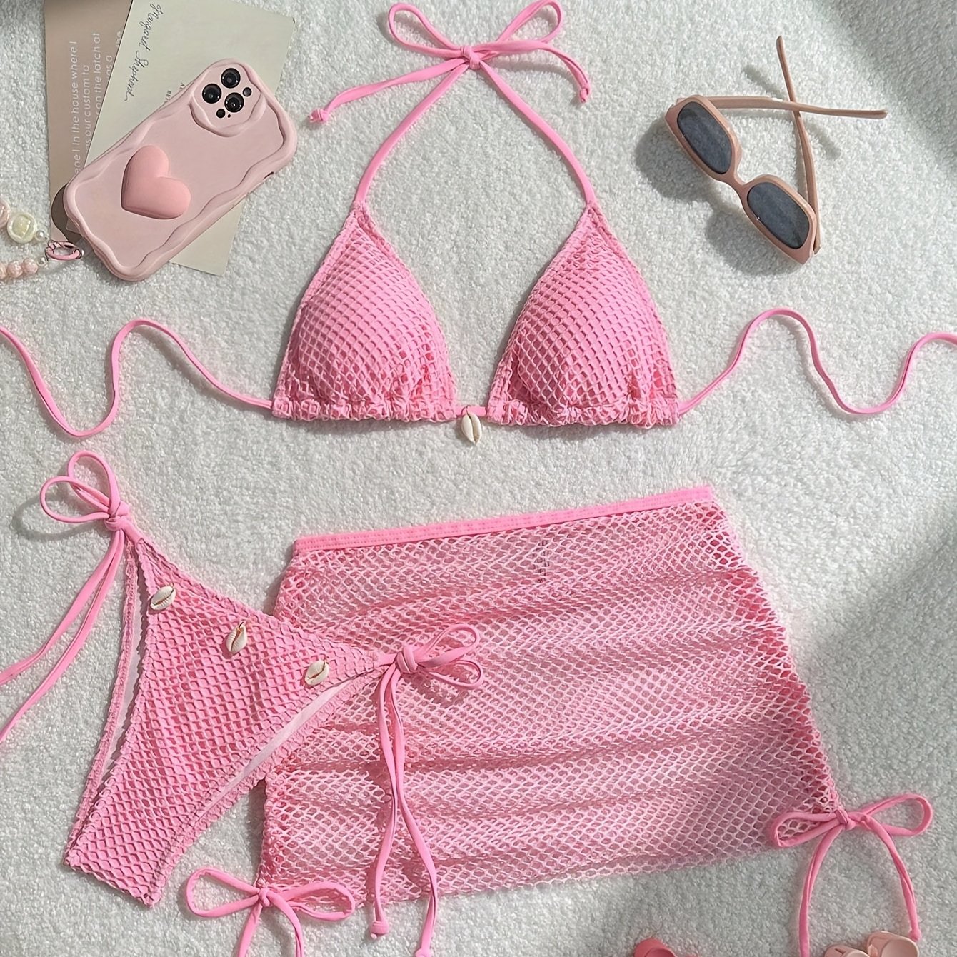 TEMU Ensemble bikini 3 pièces en couleur unie avec pendentif , col , jupe à la hanche semi-transparente, haute élasticité sexy, parfait pour les
