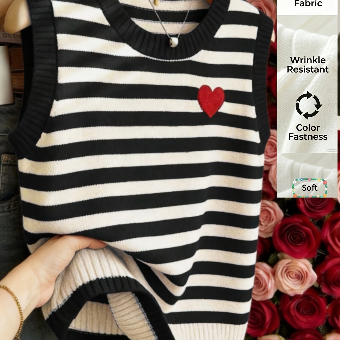 TEMU Women' High-elasticity Striped Vest With Round Neck & Sleeveless Cardigan - Black & White Suitable For Blouses, Layering Sweater Vest For