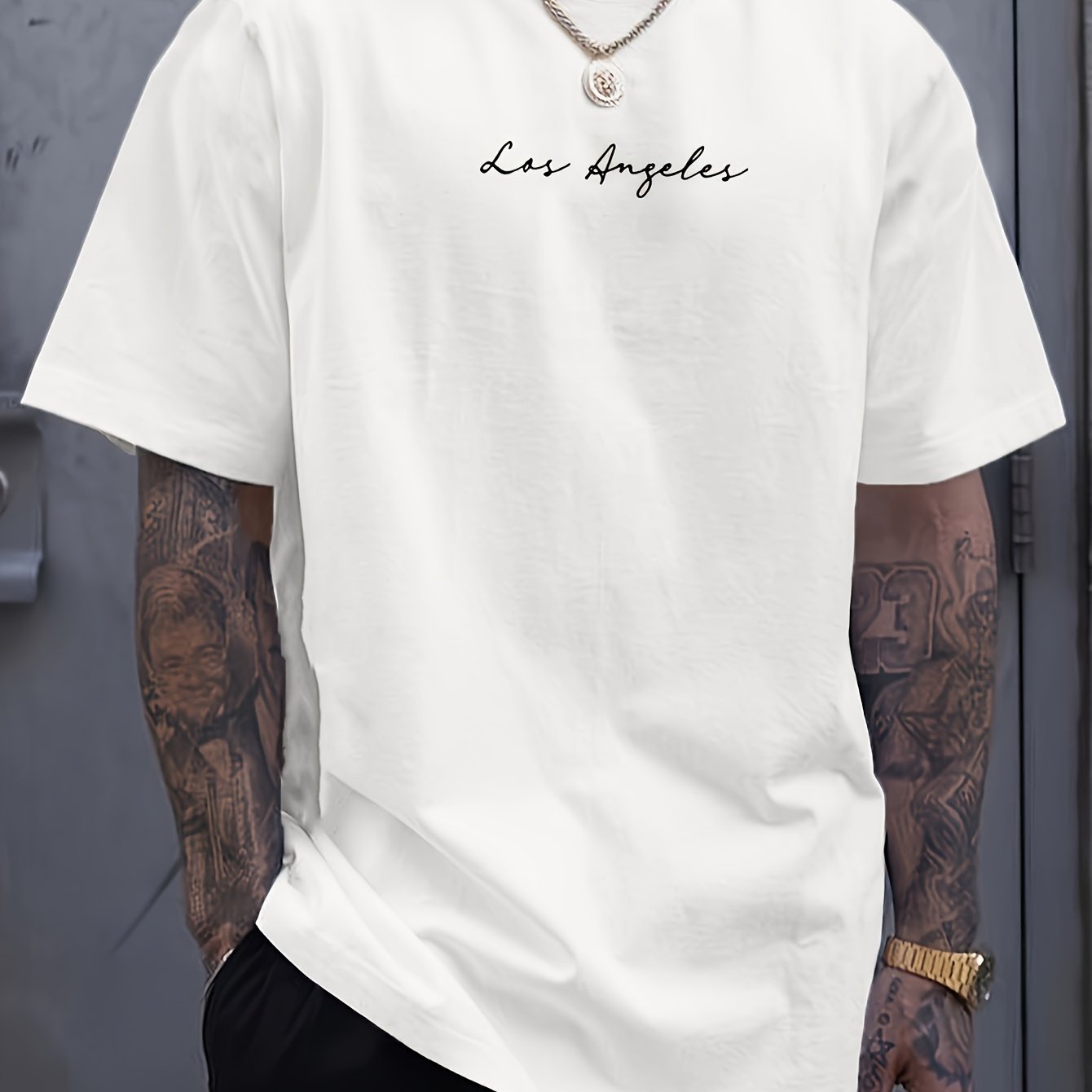 Men's Los Angeles Print T-shirt - Loose Neck Short Sleeve Casual Streetwear Top With -themed, Machine Washable Suitable For - Wear, Modern Urban Style For Everyday Outfits And Layering