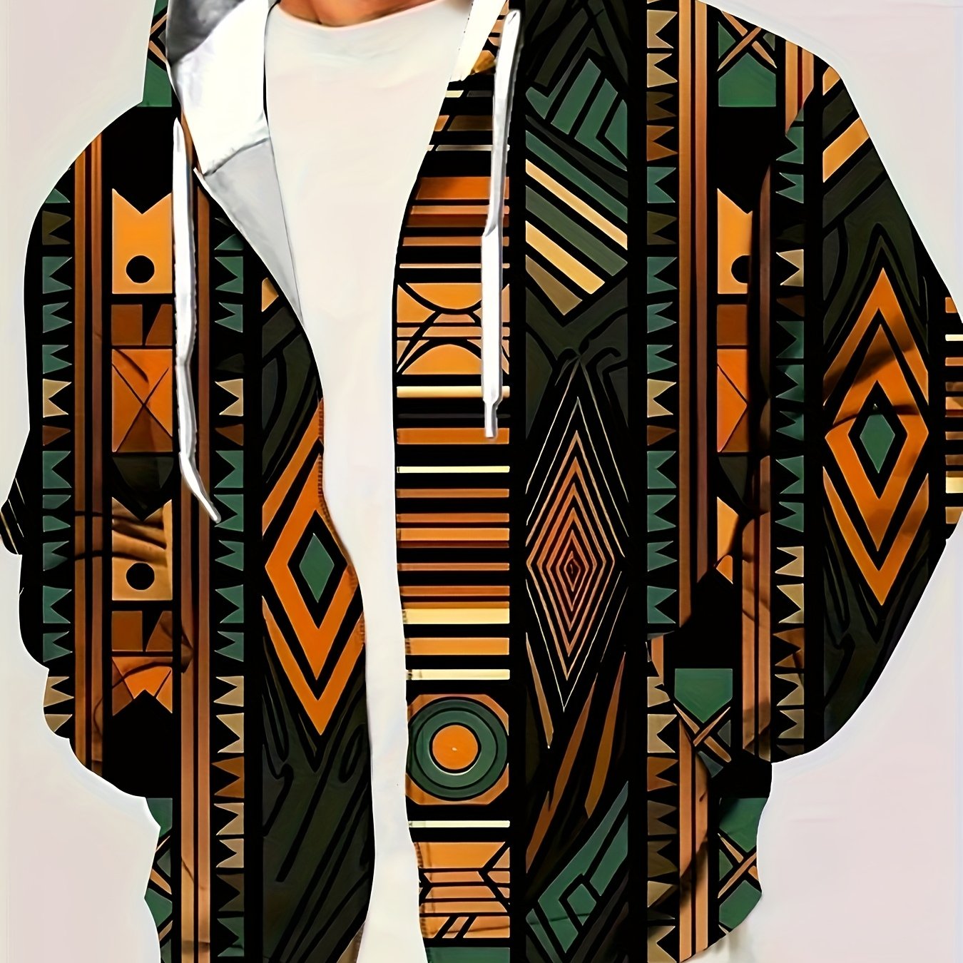 TEMU Men's Casual Hooded Jacket, Poster Print Knitted Polyester, Regular Fit Spring/autumn Outerwear With Zipper, Slightly Stretchy Fabric, Plus Size