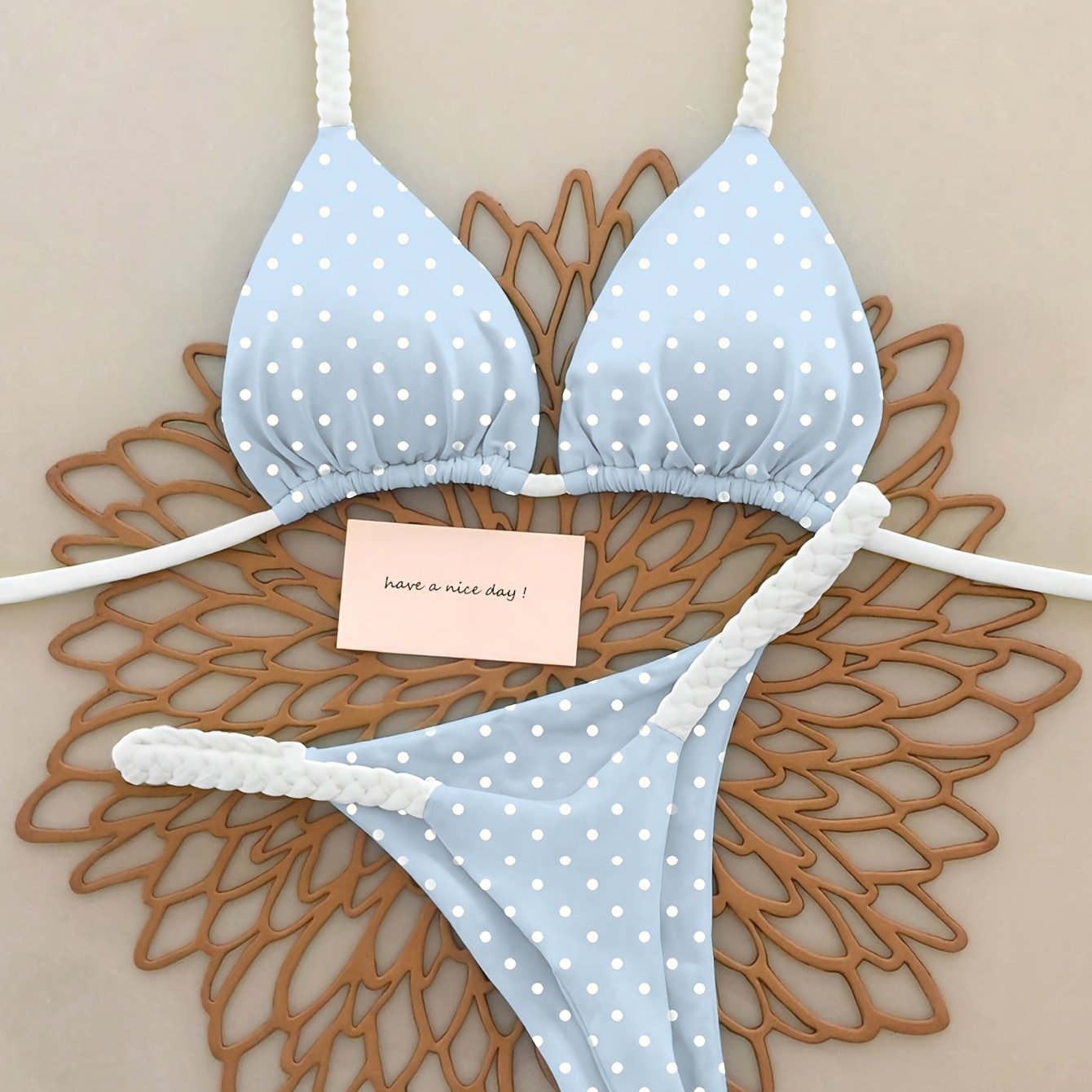 TEMU French Polka Dot Braided Strap Halterneck Two-piece Bikini, Polka Dot Print Braided Strap Shoulder Straps, Triangle Cups, Legs, European And